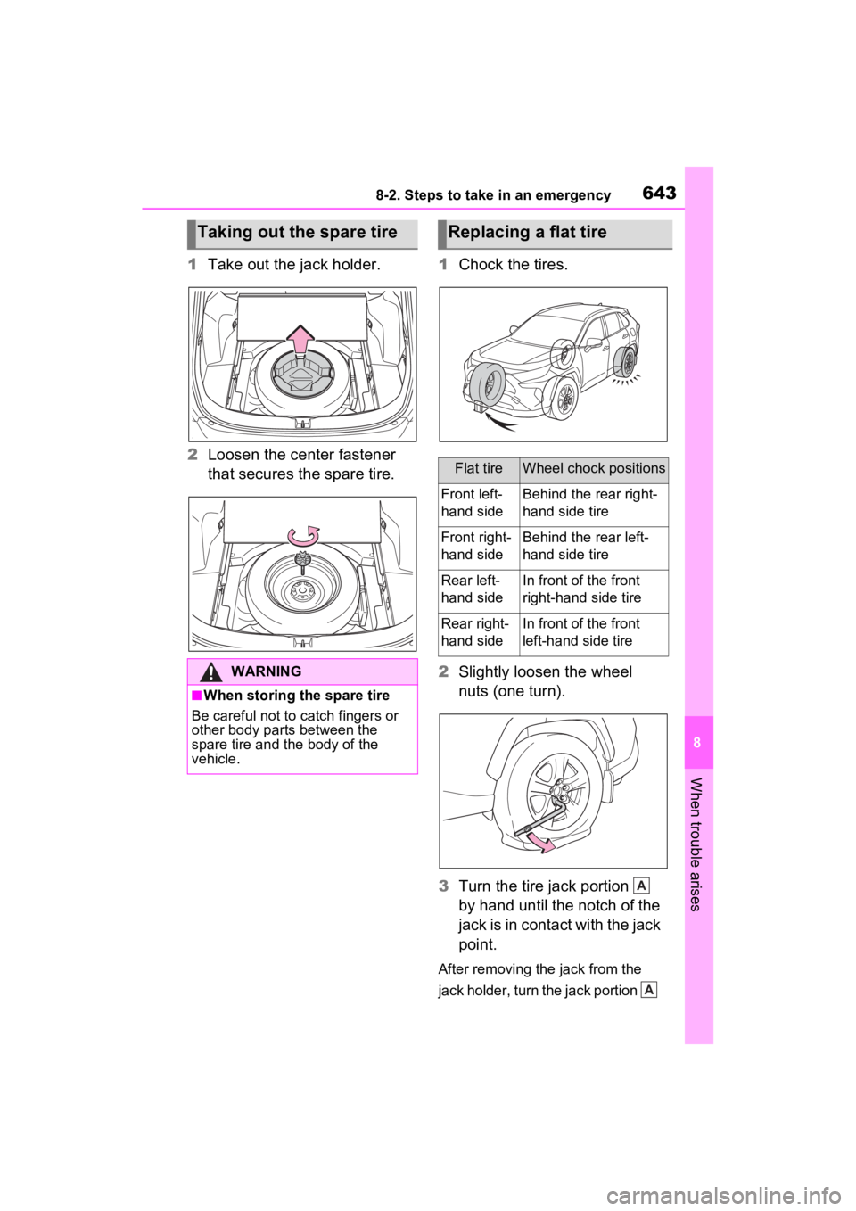 TOYOTA RAV4 HYBRID 2022  Owners Manual 6438-2. Steps to take in an emergency
8
When trouble arises
1Take out the jack holder.
2 Loosen the center fastener 
that secures the spare tire. 1
Chock the tires.
2 Slightly loosen the wheel 
nuts (