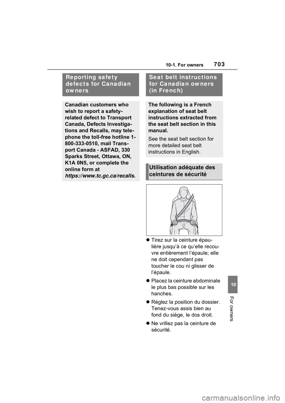 TOYOTA RAV4 HYBRID 2022  Owners Manual 70310-1. For owners
10
For owners
Tirez sur la ceinture épau-
lière jusqu’à ce qu’elle recou-
vre entièrement l’épaule; elle 
ne doit cependant pas 
toucher le cou ni glisser de 
l’ép