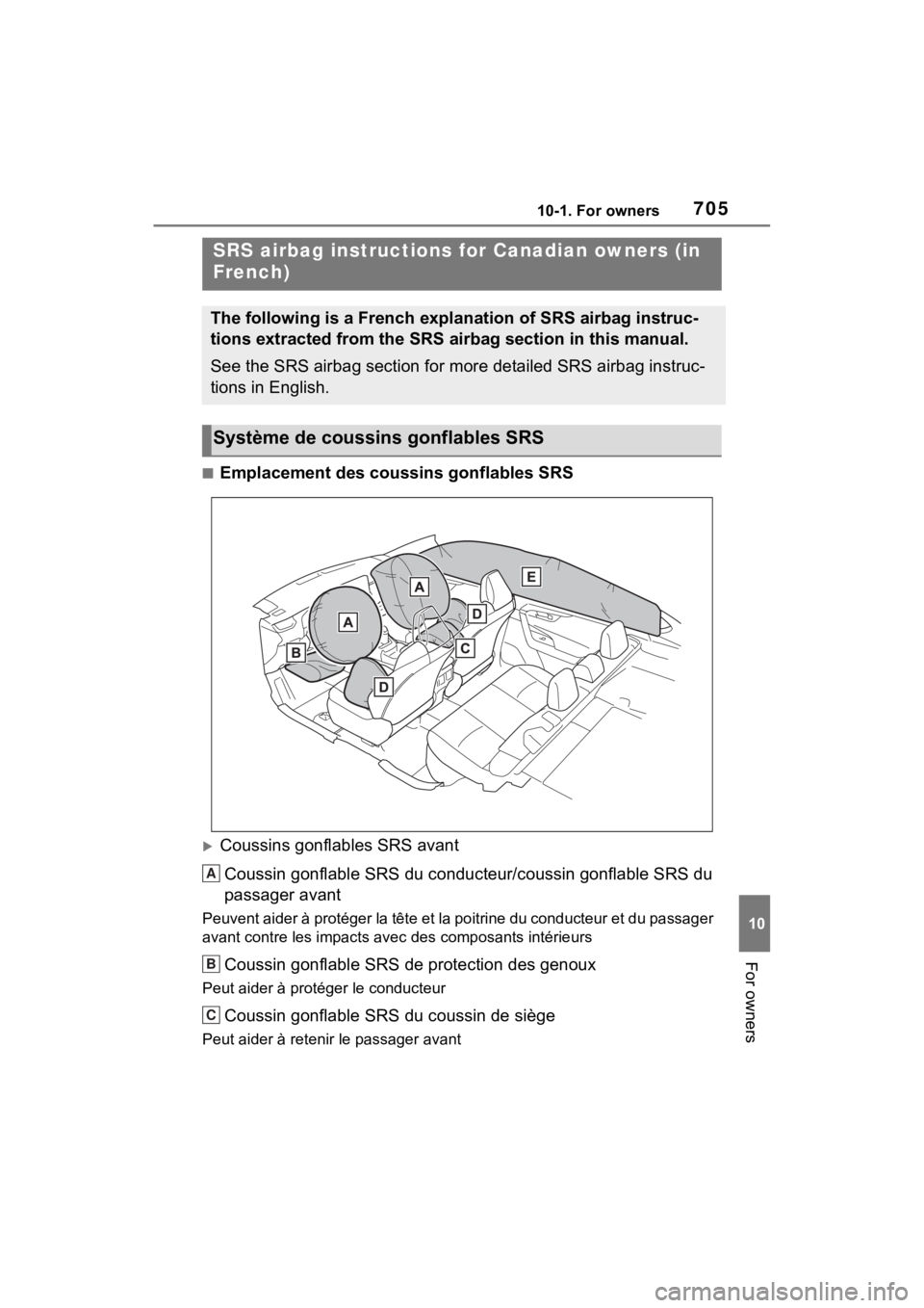 TOYOTA RAV4 HYBRID 2022  Owners Manual 70510-1. For owners
10
For owners
■Emplacement des coussins gonflables SRS
Coussins gonflables SRS avantCoussin gonflable SRS du conducteur/coussin gonflable SRS du 
passager avant
Peuvent aider 