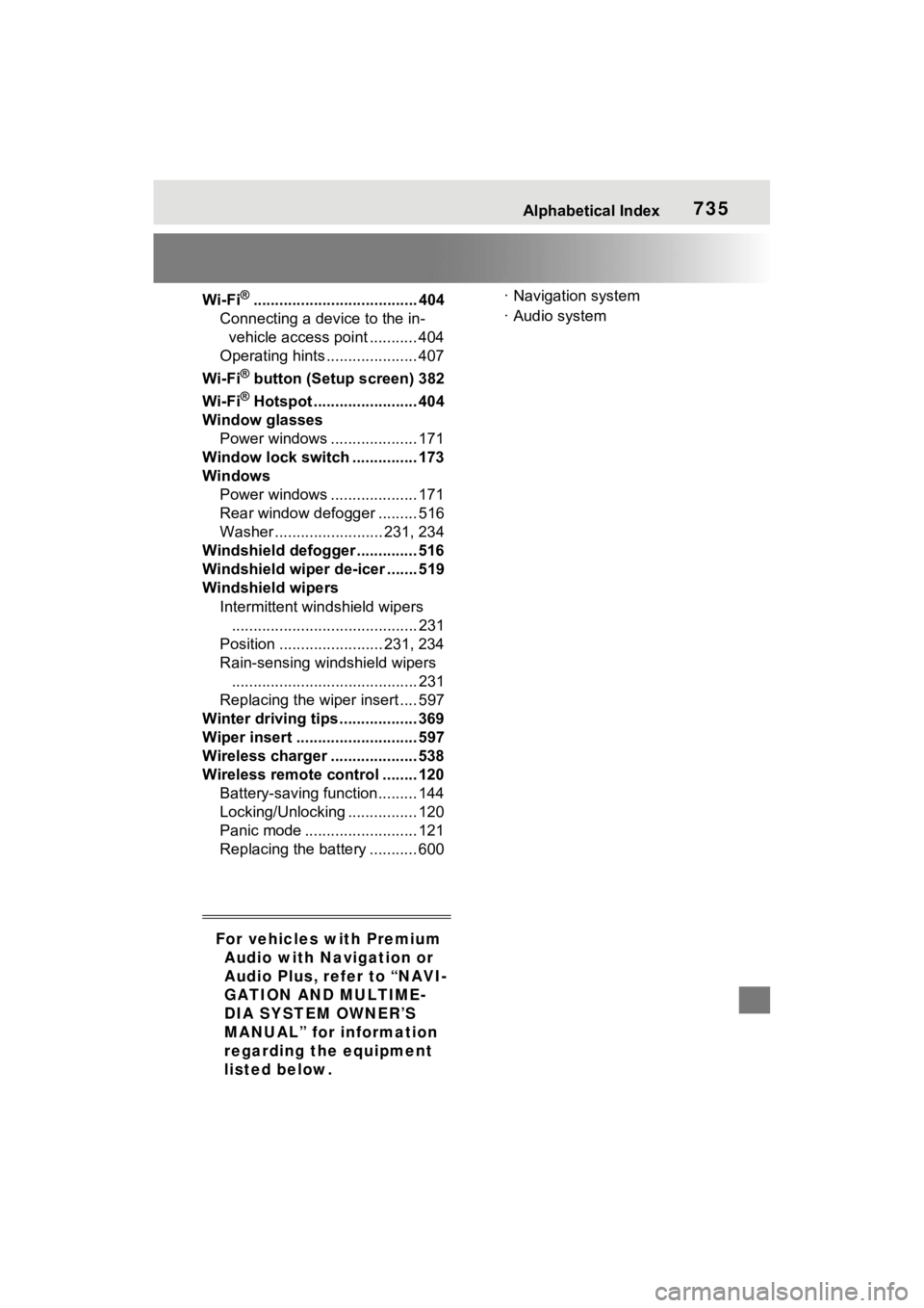 TOYOTA RAV4 HYBRID 2022  Owners Manual Alphabetical Index735
Wi-Fi®...................................... 404
Connecting a device to the in- vehicle access point ........... 404
Operating hints ..................... 407
Wi-Fi
® button (S