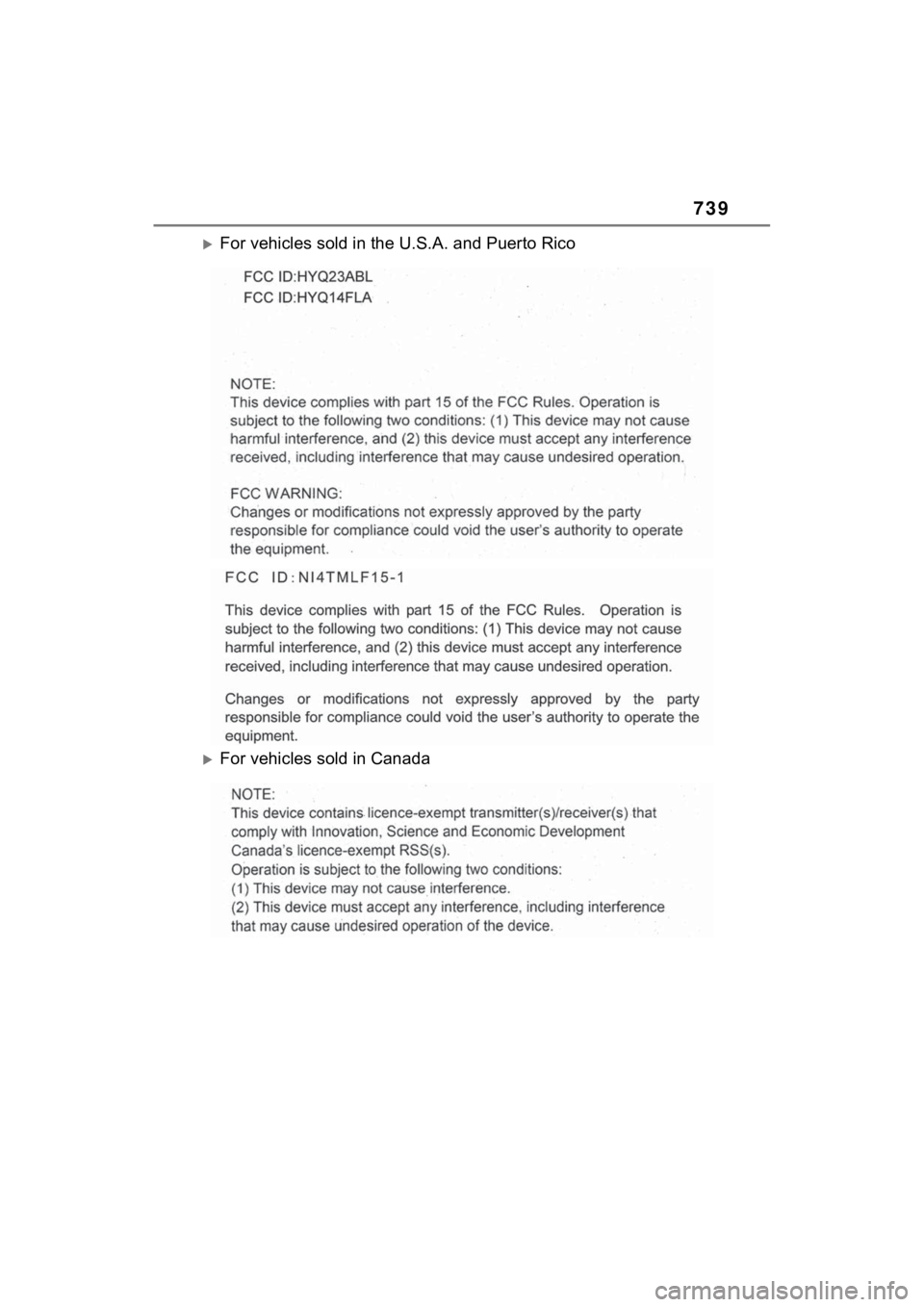 TOYOTA RAV4 HYBRID 2022  Owners Manual 739
For vehicles sold in the U.S.A. and Puerto Rico
For vehicles sold in Canada 