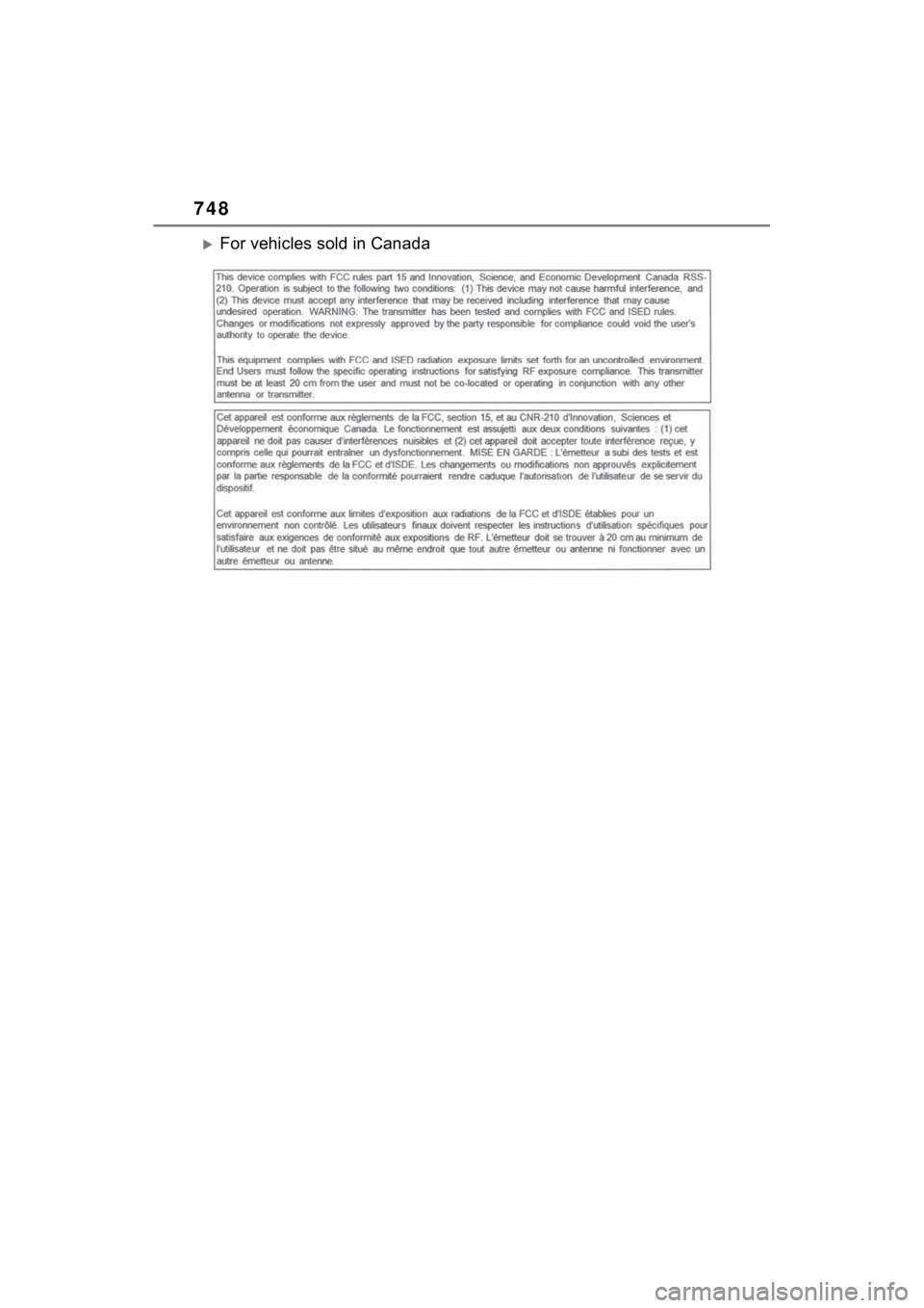 TOYOTA RAV4 HYBRID 2022  Owners Manual 748
For vehicles sold in Canada 