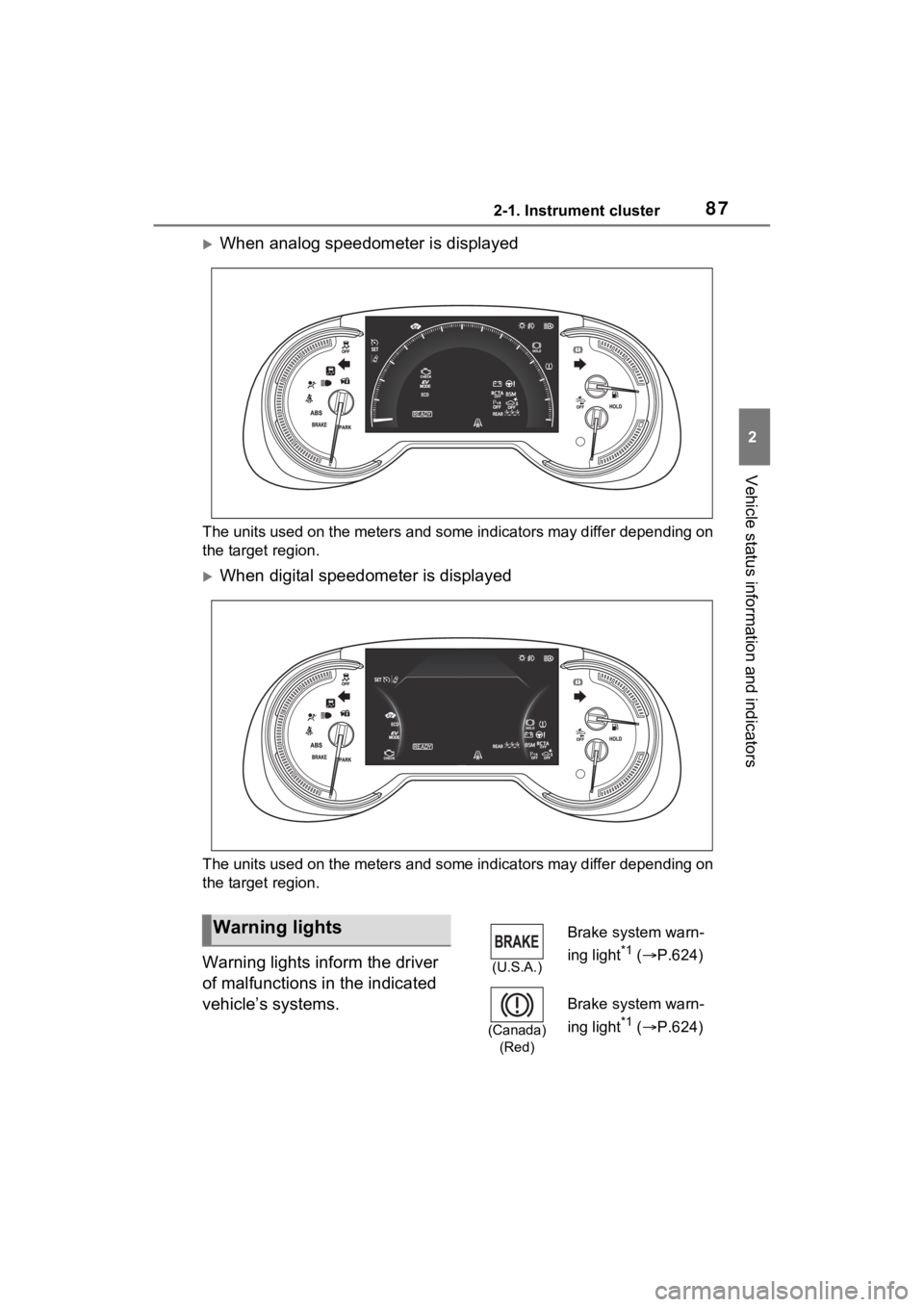 TOYOTA RAV4 HYBRID 2022  Owners Manual 872-1. Instrument cluster
2
Vehicle status information and indicators
When analog speedometer is displayed
The units used on the meters and some indicators may differ depending on 
the target regio