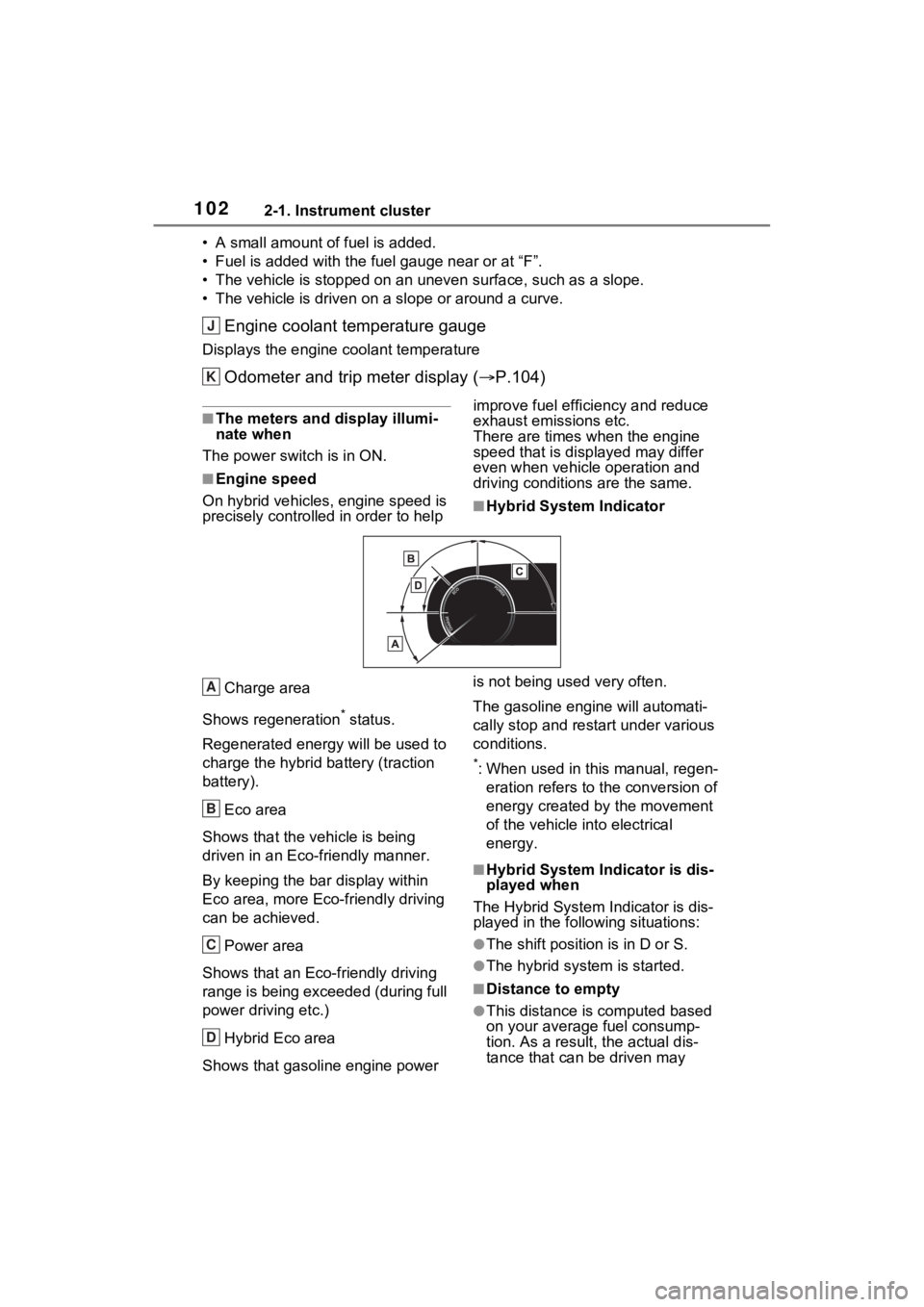 TOYOTA RAV4 HYBRID 2023 Owners Manual 1022-1. Instrument cluster
• A small amount of fuel is added.
• Fuel is added with the fuel gauge near or at “F”.
• The vehicle is stopped on an uneven surface, such as a slope.
• The ve TOYOTA RAV4 HYBRID 2023 Owners Manual 1022-1. Instrument cluster
• A small amount of fuel is added.
• Fuel is added with the fuel gauge near or at “F”.
• The vehicle is stopped on an uneven surface, such as a slope.
• The ve