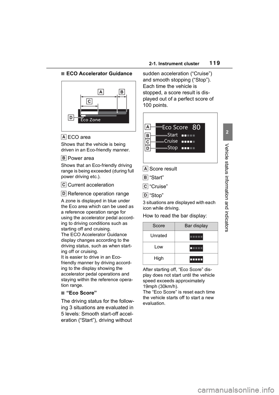 TOYOTA RAV4 HYBRID 2023  Owners Manual 1192-1. Instrument cluster
2
Vehicle status information and indicators
■ECO Accelerator GuidanceECO area
Shows that the vehicle is being 
driven in an Eco-friendly manner.
Power area
Shows that an E