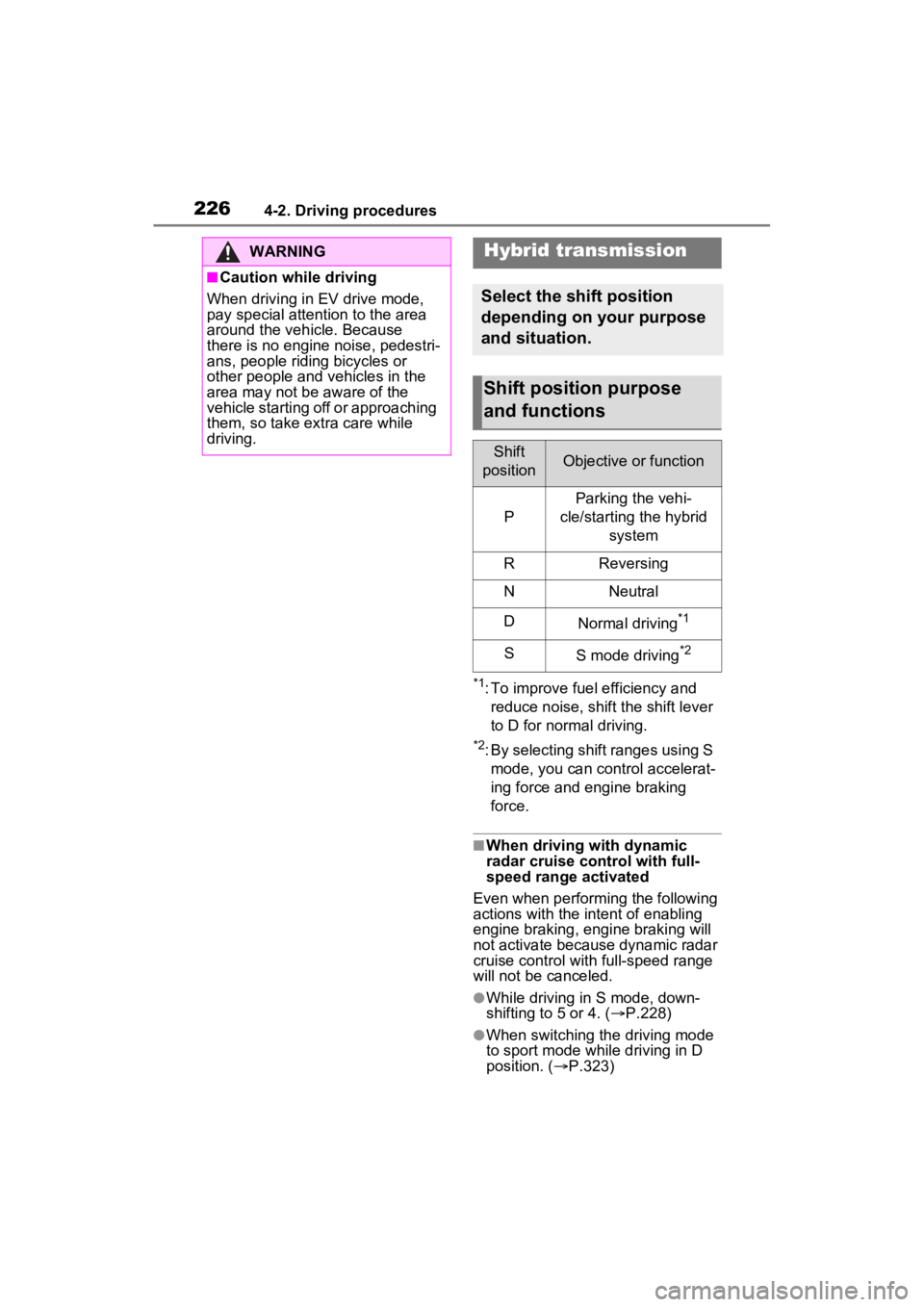 TOYOTA RAV4 HYBRID 2023  Owners Manual 2264-2. Driving procedures
*1: To improve fuel efficiency and reduce noise, shift the shift lever 
to D for normal driving.
*2: By selecting shift ranges using S mode, you can control accelerat-
ing f