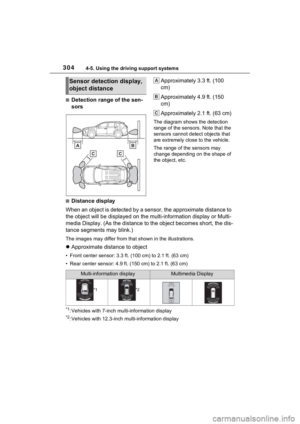 TOYOTA RAV4 HYBRID 2023  Owners Manual 3044-5. Using the driving support systems
■Detection range of the sen-
sorsApproximately 3.3 ft. (100 
cm)
Approximately 4.9 ft. (150 
cm)
Approximately 2.1 ft. (63 cm)
The diagram shows the detecti