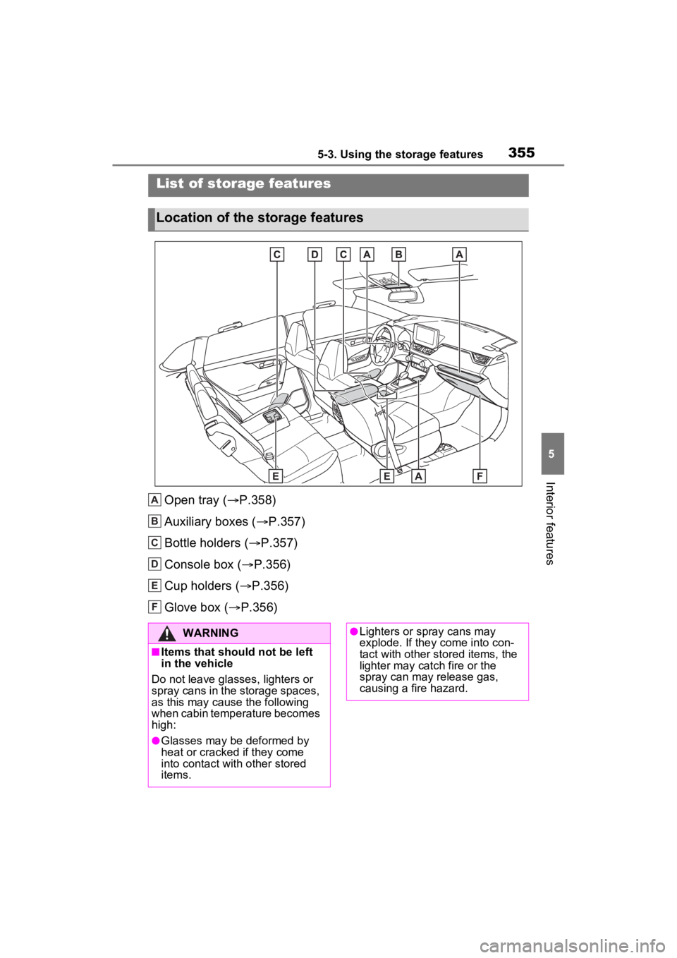TOYOTA RAV4 HYBRID 2023  Owners Manual 3555-3. Using the storage features
5
Interior features
5-3.Using the storage features
Open tray (P.358)
Auxiliary boxes ( P.357)
Bottle holders ( P.357)
Console box ( P.356)
Cup holders (