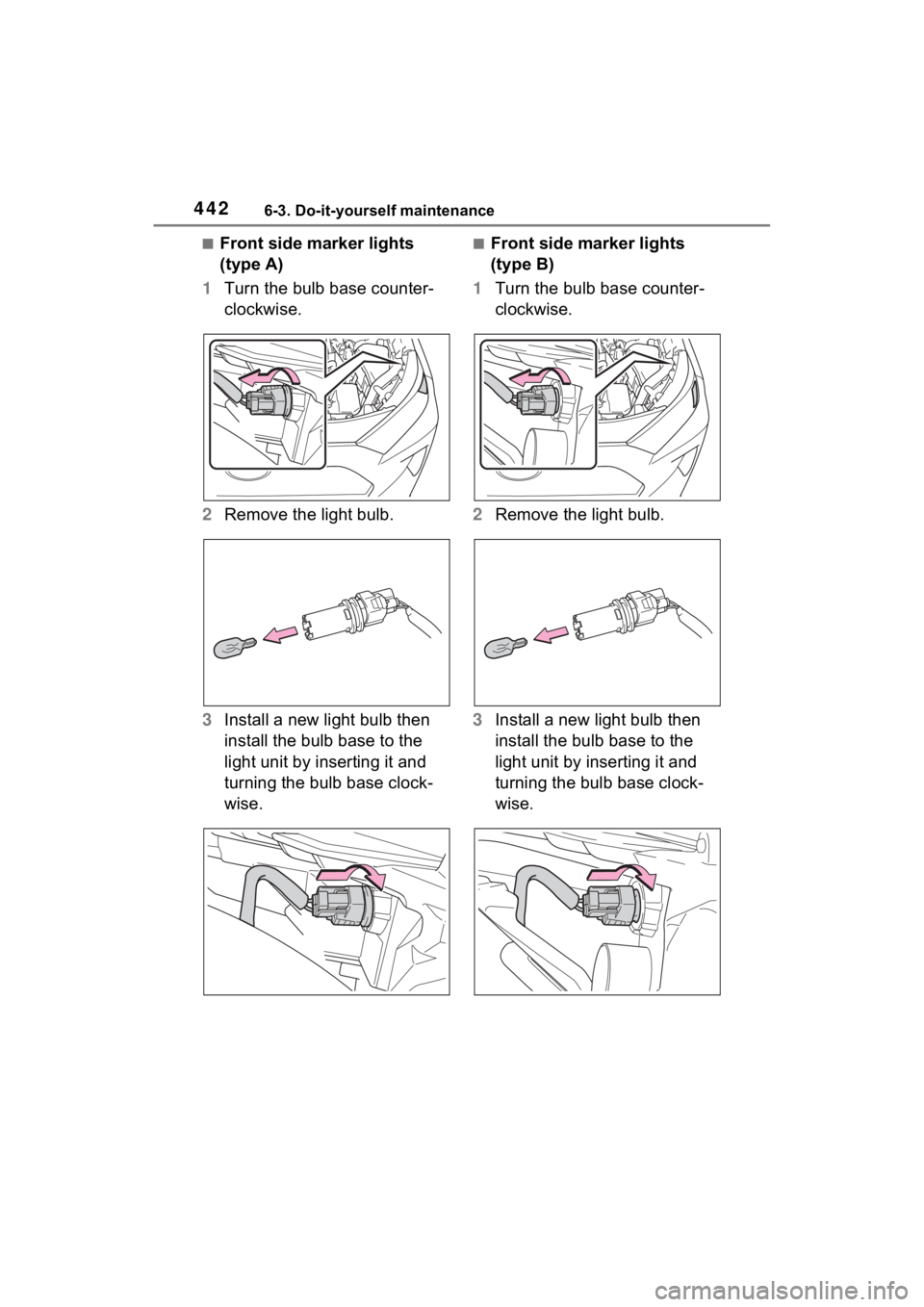 TOYOTA RAV4 HYBRID 2023  Owners Manual 4426-3. Do-it-yourself maintenance
■Front side marker lights 
(type A)
1 Turn the bulb base counter-
clockwise.
2 Remove the light bulb.
3 Install a new light bulb then 
install the bulb base to the