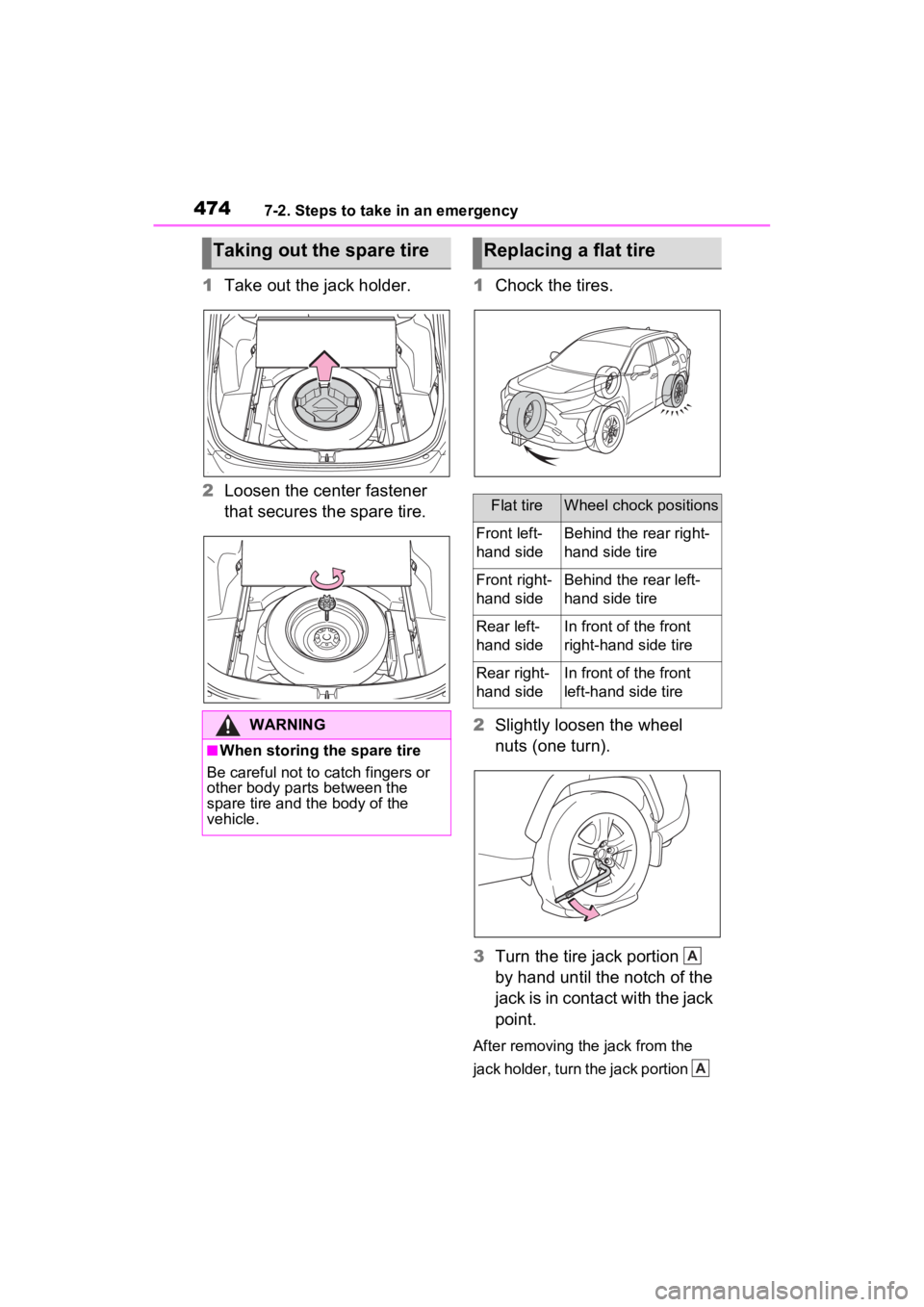 TOYOTA RAV4 HYBRID 2023  Owners Manual 4747-2. Steps to take in an emergency
1Take out the jack holder.
2 Loosen the center fastener 
that secures the spare tire. 1
Chock the tires.
2 Slightly loosen the wheel 
nuts (one turn).
3 Turn the 