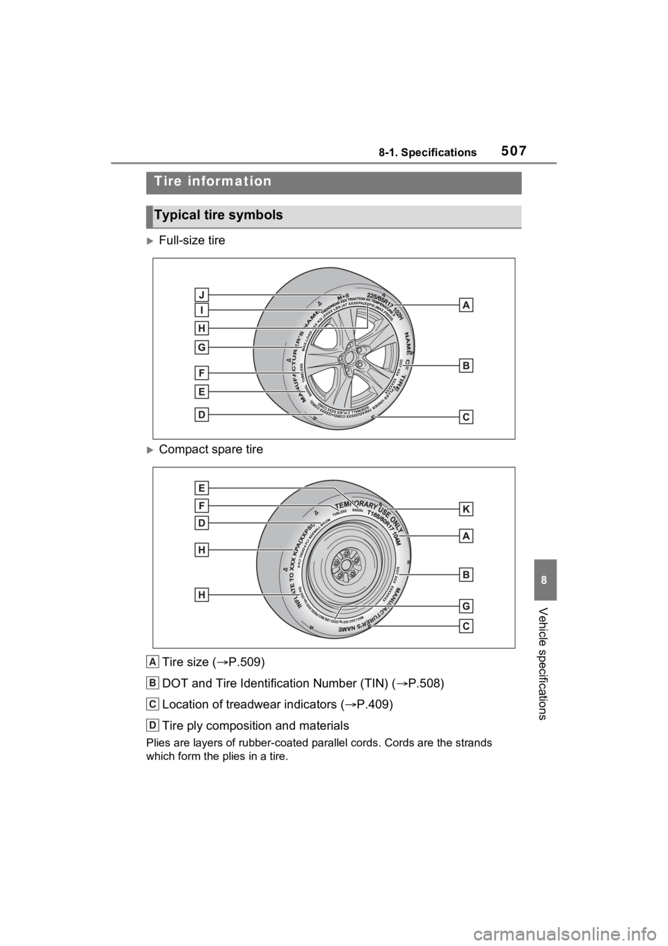 TOYOTA RAV4 HYBRID 2023  Owners Manual 5078-1. Specifications
8
Vehicle specifications
Full-size tire
Compact spare tireTire size ( P.509)
DOT and Tire Identification Number (TIN) ( P.508)
Location of treadwear indicators ( 