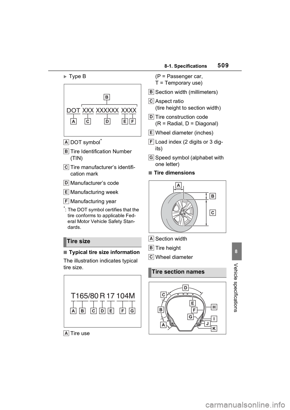 TOYOTA RAV4 HYBRID 2023  Owners Manual 5098-1. Specifications
8
Vehicle specifications
Type BDOT symbol
*
Tire Identification Number 
(TIN)
Tire manufacturer’s identifi-
cation mark
Manufacturer’s code
Manufacturing week
Manufacturi