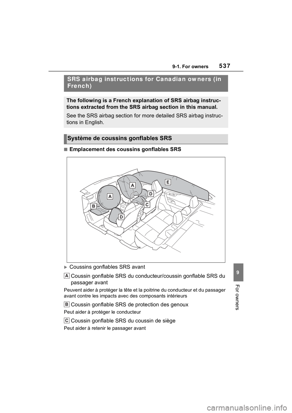 TOYOTA RAV4 HYBRID 2023  Owners Manual 5379-1. For owners
9
For owners
■Emplacement des coussins gonflables SRS
Coussins gonflables SRS avantCoussin gonflable SRS du conducteur/coussin gonflable SRS du 
passager avant
Peuvent aider à
