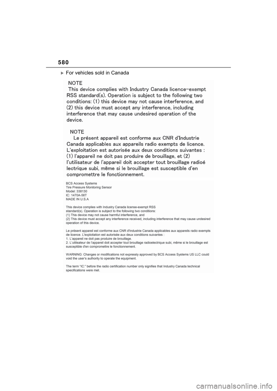 TOYOTA RAV4 HYBRID 2023  Owners Manual 580
For vehicles sold in Canada 