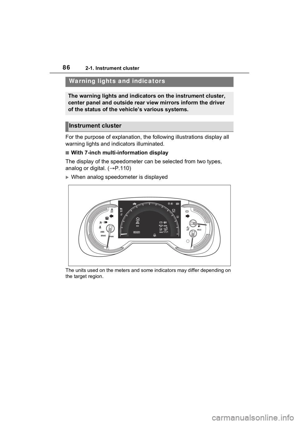 TOYOTA RAV4 HYBRID 2023  Owners Manual 862-1. Instrument cluster
2-1.Instrument cluster
For the purpose of explanation, the following illustrations display all 
warning lights and indicators illuminated.
■With 7-inch multi-information di