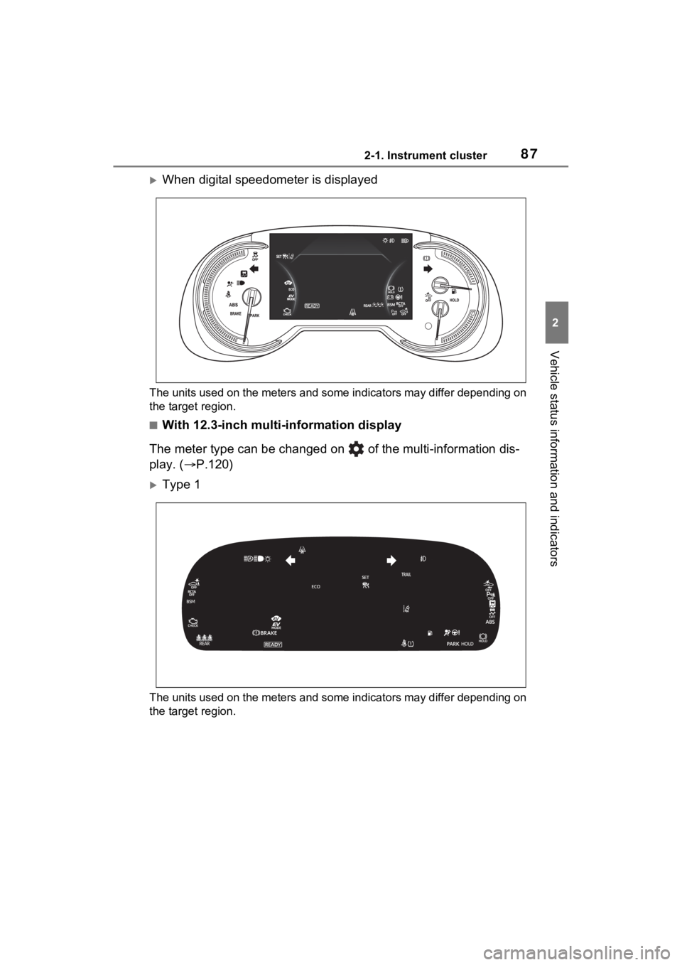 TOYOTA RAV4 HYBRID 2023  Owners Manual 872-1. Instrument cluster
2
Vehicle status information and indicators
When digital speedometer is displayed
The units used on the meters and some indicators may differ depending on 
the target regi