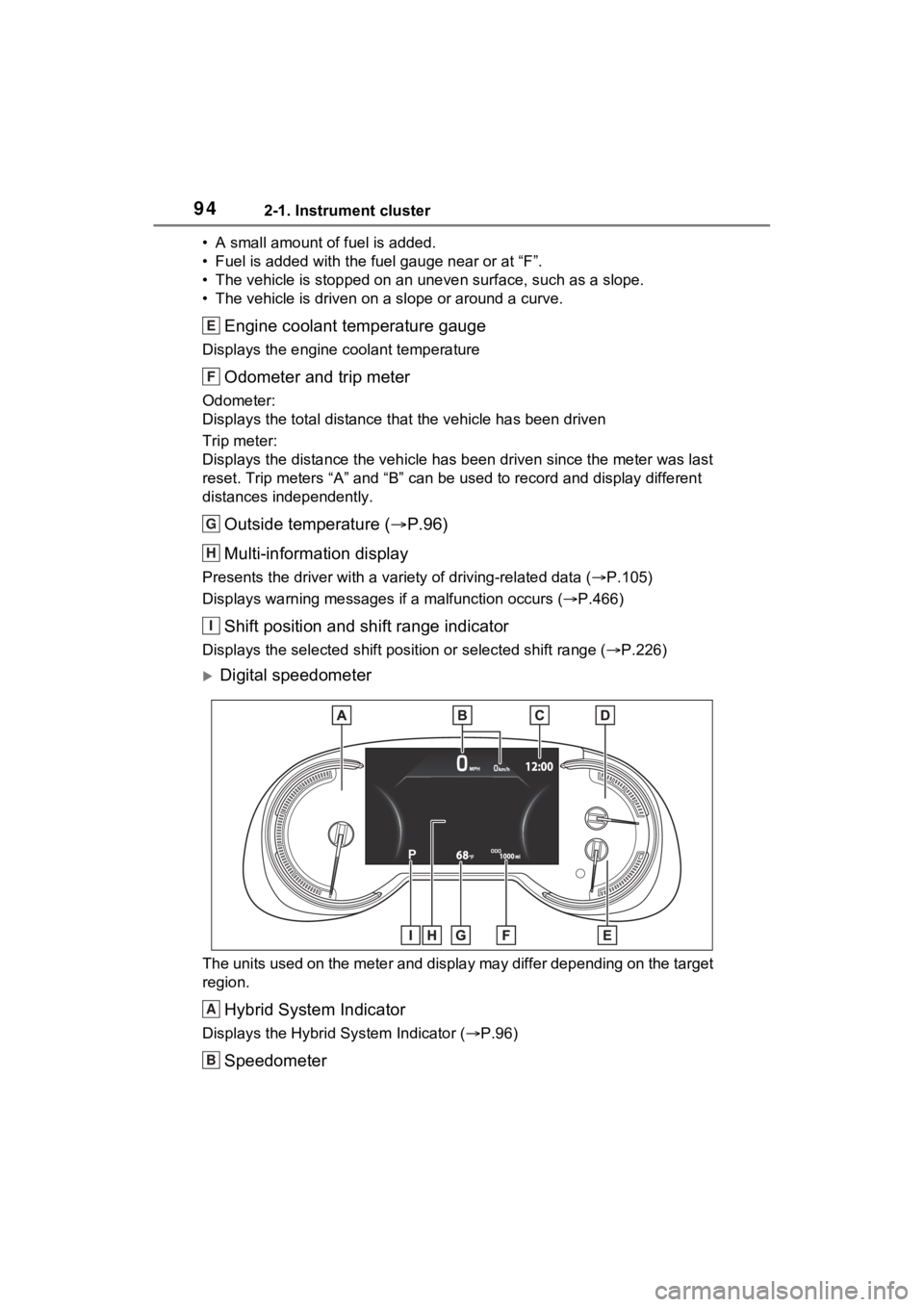 TOYOTA RAV4 HYBRID 2023 Owners Manual 942-1. Instrument cluster
• A small amount of fuel is added.
• Fuel is added with the fuel gauge near or at “F”.
• The vehicle is stopped on an uneven surface, such as a slope.
• The vehic TOYOTA RAV4 HYBRID 2023 Owners Manual 942-1. Instrument cluster
• A small amount of fuel is added.
• Fuel is added with the fuel gauge near or at “F”.
• The vehicle is stopped on an uneven surface, such as a slope.
• The vehic