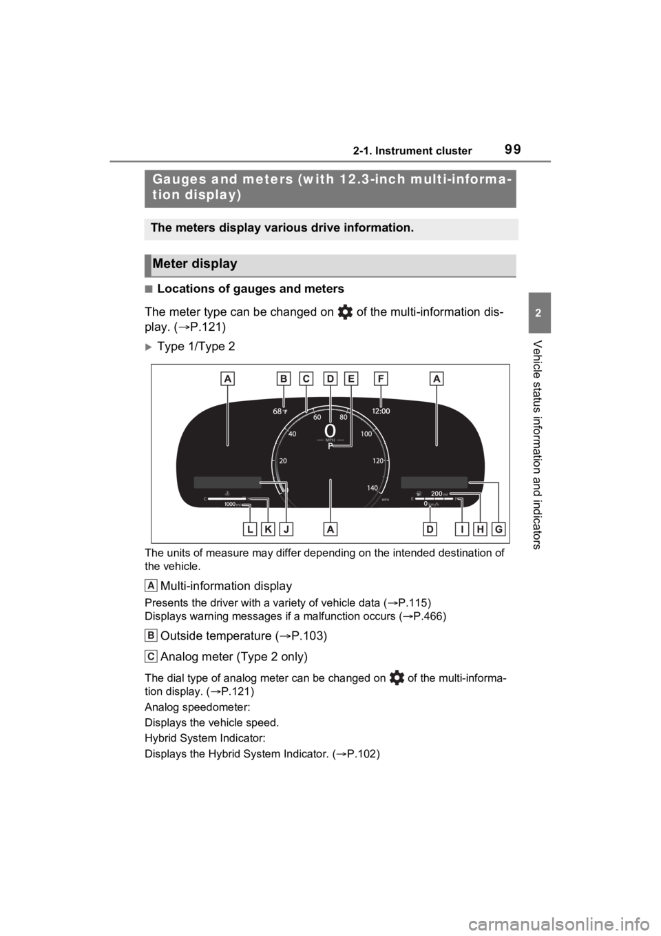 TOYOTA RAV4 HYBRID 2023  Owners Manual 992-1. Instrument cluster
2
Vehicle status information and indicators
■Locations of gauges and meters
The meter type can be changed on   of the multi-information dis-
play. ( P.121)
Type 1/Typ