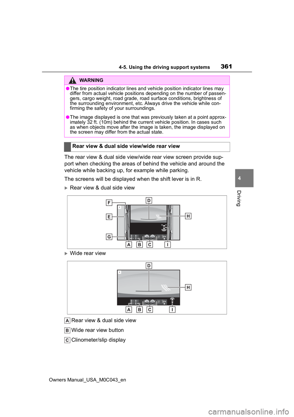 TOYOTA SEQUOIA HYBRID 2023  Owners Manual 3614-5. Using the driving support systems
Owners Manual_USA_M0C043_en
4
Driving
The rear view & dual side view/wide rear view screen provide sup- port when checking the areas of behind the vehicle and