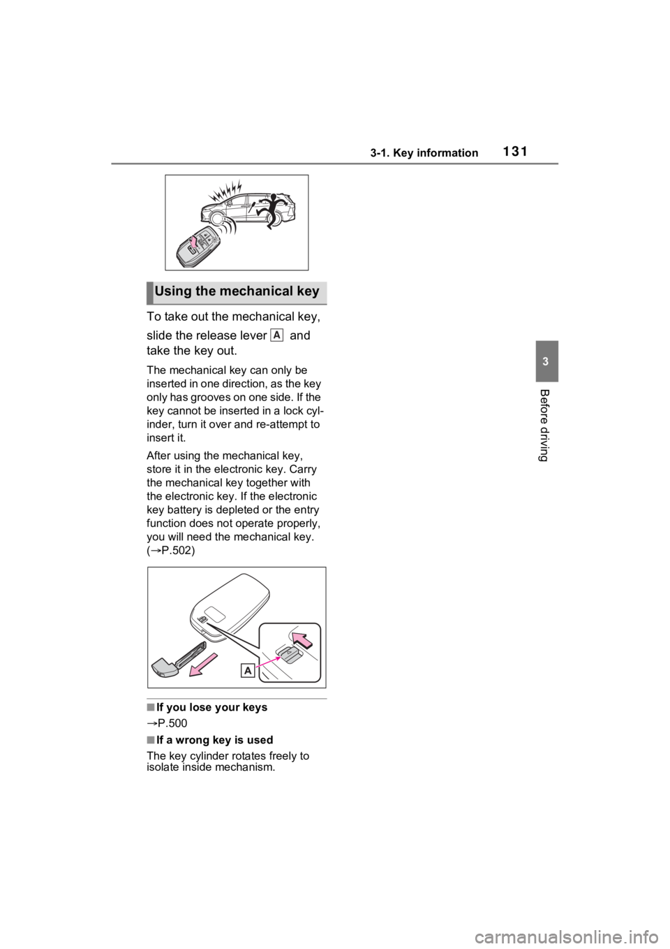 TOYOTA SIENNA HYBRID 2023  Owners Manual 1313-1. Key information
3
Before driving
To take out the mechanical key, 
slide the release lever   and 
take the key out.
The mechanical key can only be 
inserted in one direction, as the key 
only h