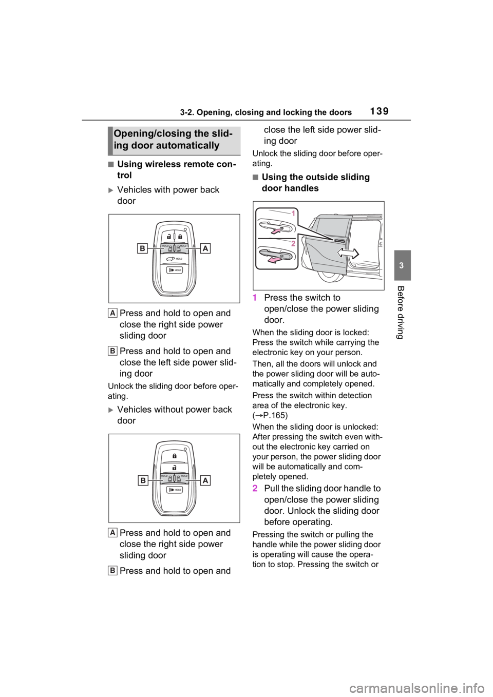 TOYOTA SIENNA HYBRID 2023  Owners Manual 1393-2. Opening, closing and locking the doors
3
Before driving
■Using wireless remote con-
trol
Vehicles with power back 
door
Press and hold to open and 
close the right side power 
sliding doo