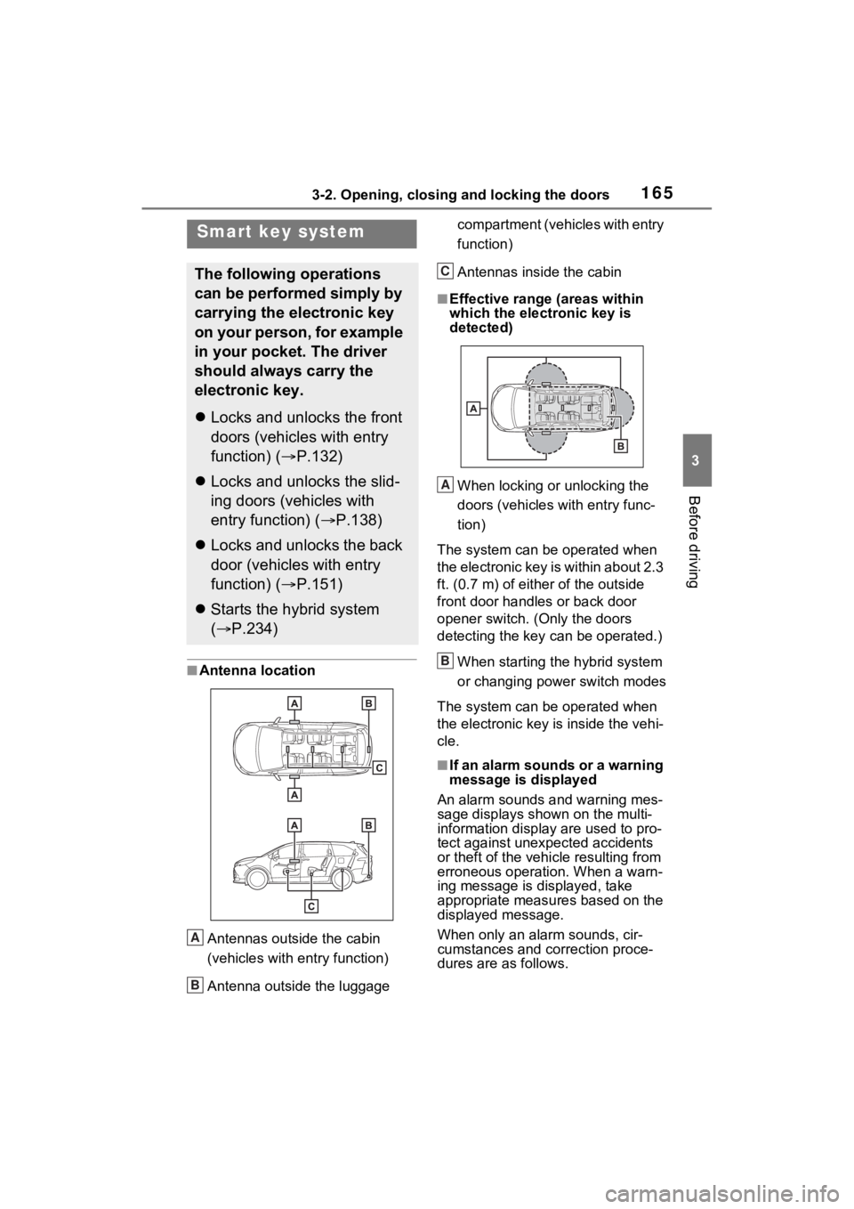TOYOTA SIENNA HYBRID 2023  Owners Manual 1653-2. Opening, closing and locking the doors
3
Before driving
■Antenna location
Antennas outside the cabin 
(vehicles with entry function)
Antenna outside the luggage  compartment (vehicles with e