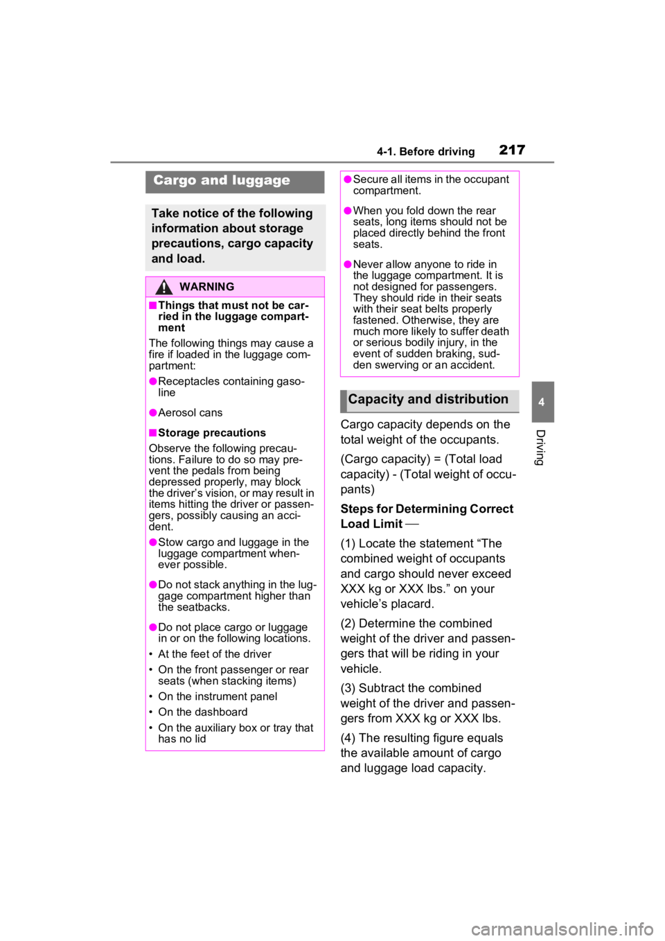 TOYOTA SIENNA HYBRID 2023  Owners Manual 2174-1. Before driving
4
DrivingCargo capacity depends on the 
total weight of the occupants.
(Cargo capacity) = (Total load 
capacity) - (Total weight of occu-
pants)
Steps for Determining Correct 
L