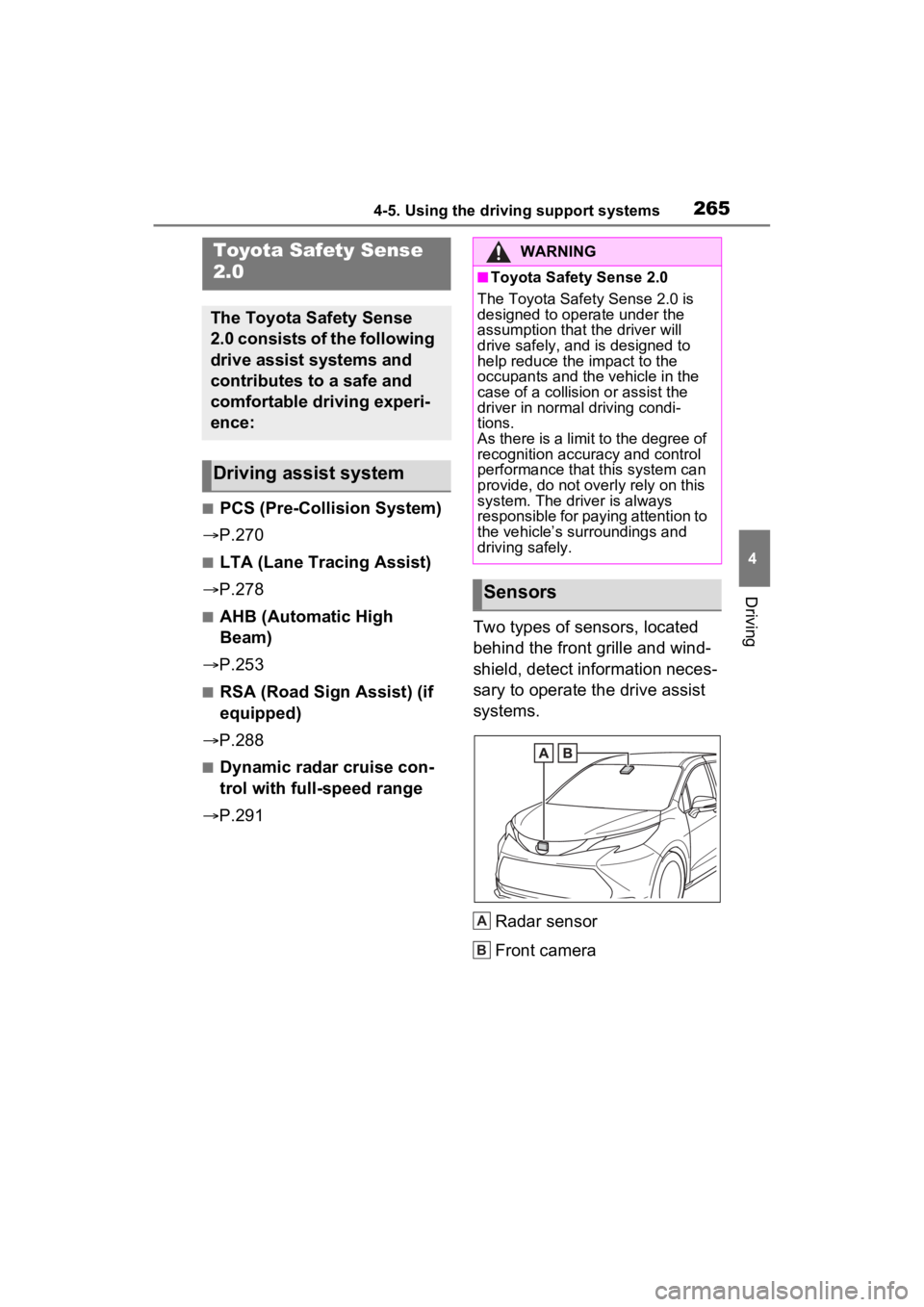 TOYOTA SIENNA HYBRID 2023 Owners Manual 2654-5. Using the driving support systems
4
Driving
4-5.Using the driving support systems
■PCS (Pre-Collision System)
P.270
■LTA (Lane Tracing Assist)
P.278
■AHB (Automatic High
Beam)
TOYOTA SIENNA HYBRID 2023 Owners Manual 2654-5. Using the driving support systems
4
Driving
4-5.Using the driving support systems
■PCS (Pre-Collision System)
P.270
■LTA (Lane Tracing Assist)
P.278
■AHB (Automatic High
Beam)