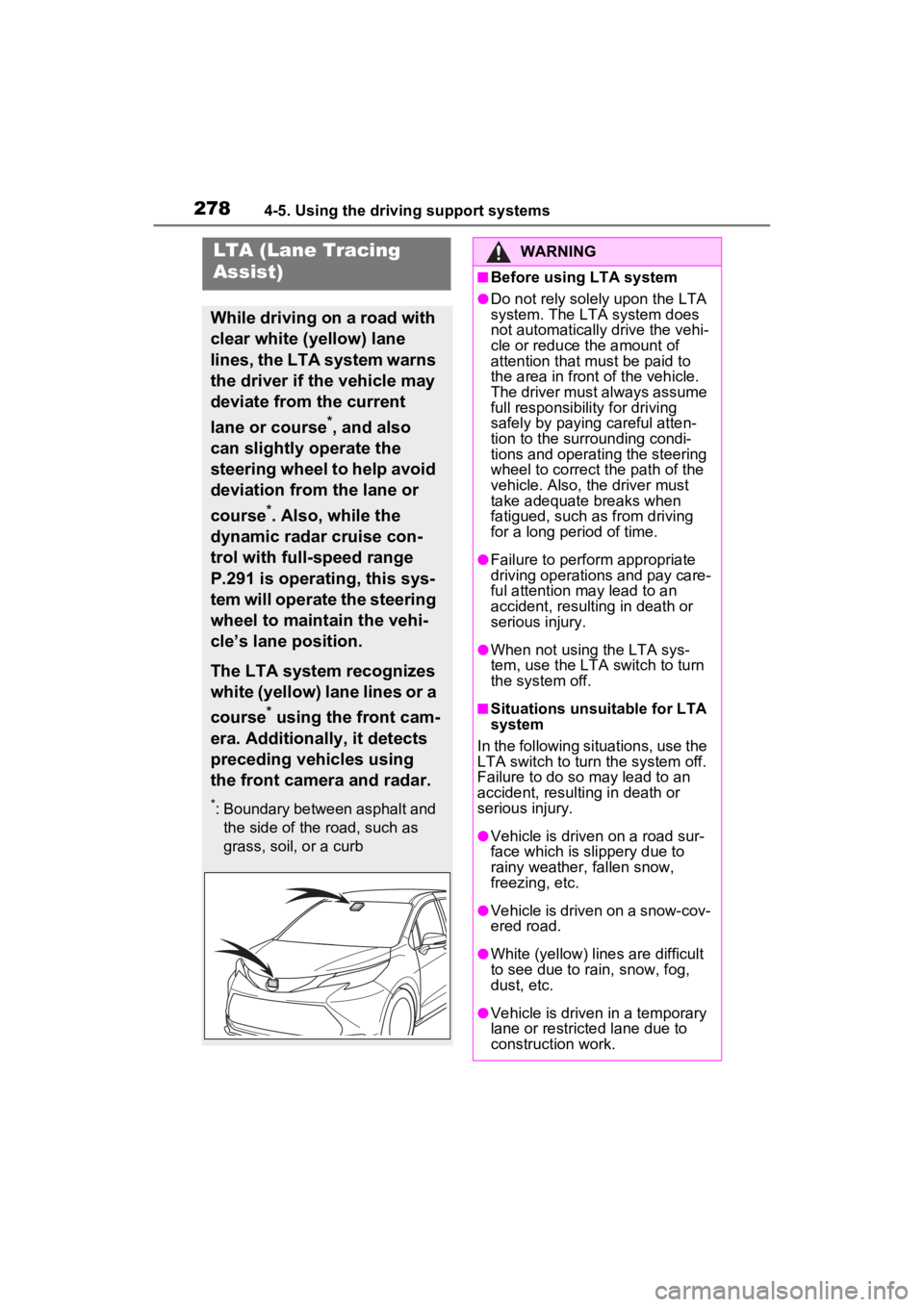 TOYOTA SIENNA HYBRID 2023  Owners Manual 2784-5. Using the driving support systems
LTA (Lane Tracing 
Assist)
While driving on a road with 
clear white (yellow) lane 
lines, the LTA system warns 
the driver if the vehicle may 
deviate from t