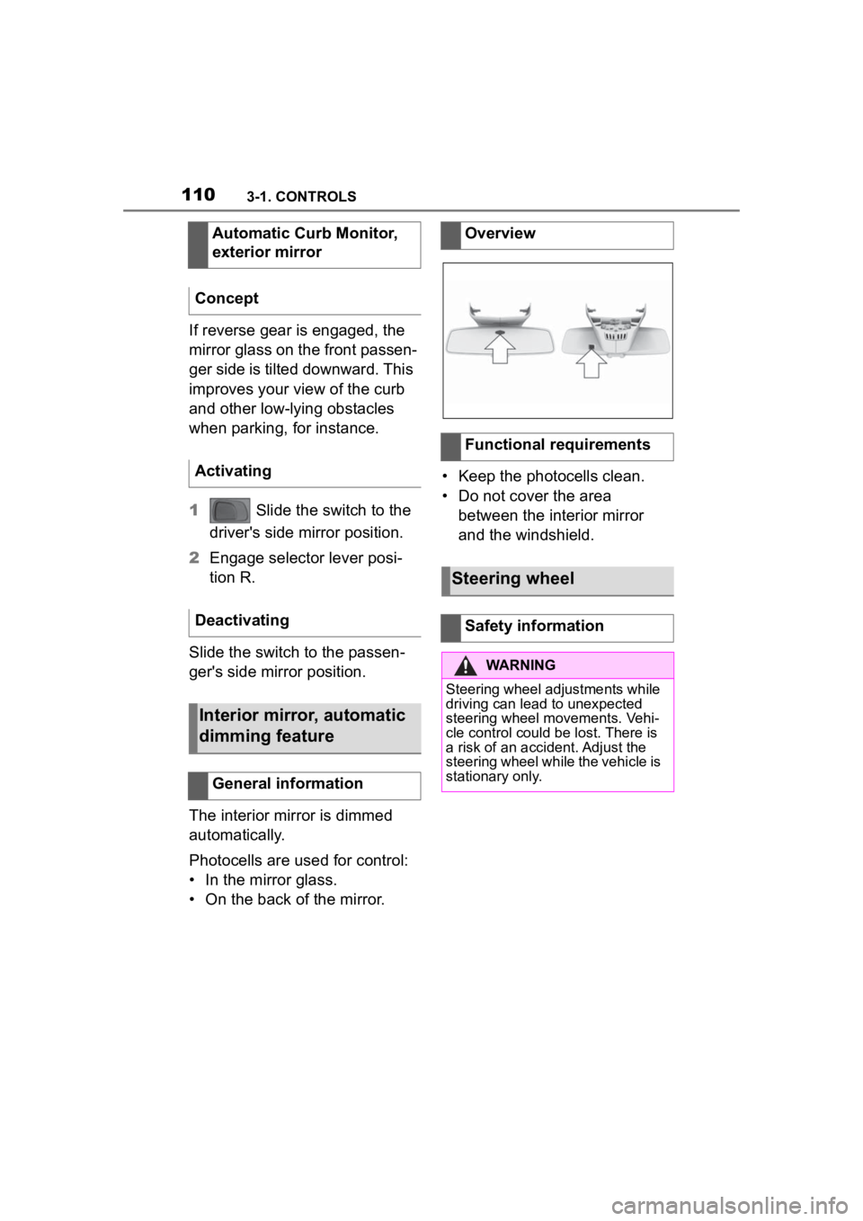 TOYOTA SUPRA 2023  Owners Manual 1103-1. CONTROLS
If reverse gear is engaged, the 
mirror glass on the front passen-
ger side is tilted downward. This 
improves your view of the curb 
and other low-lying obstacles 
when parking, for 