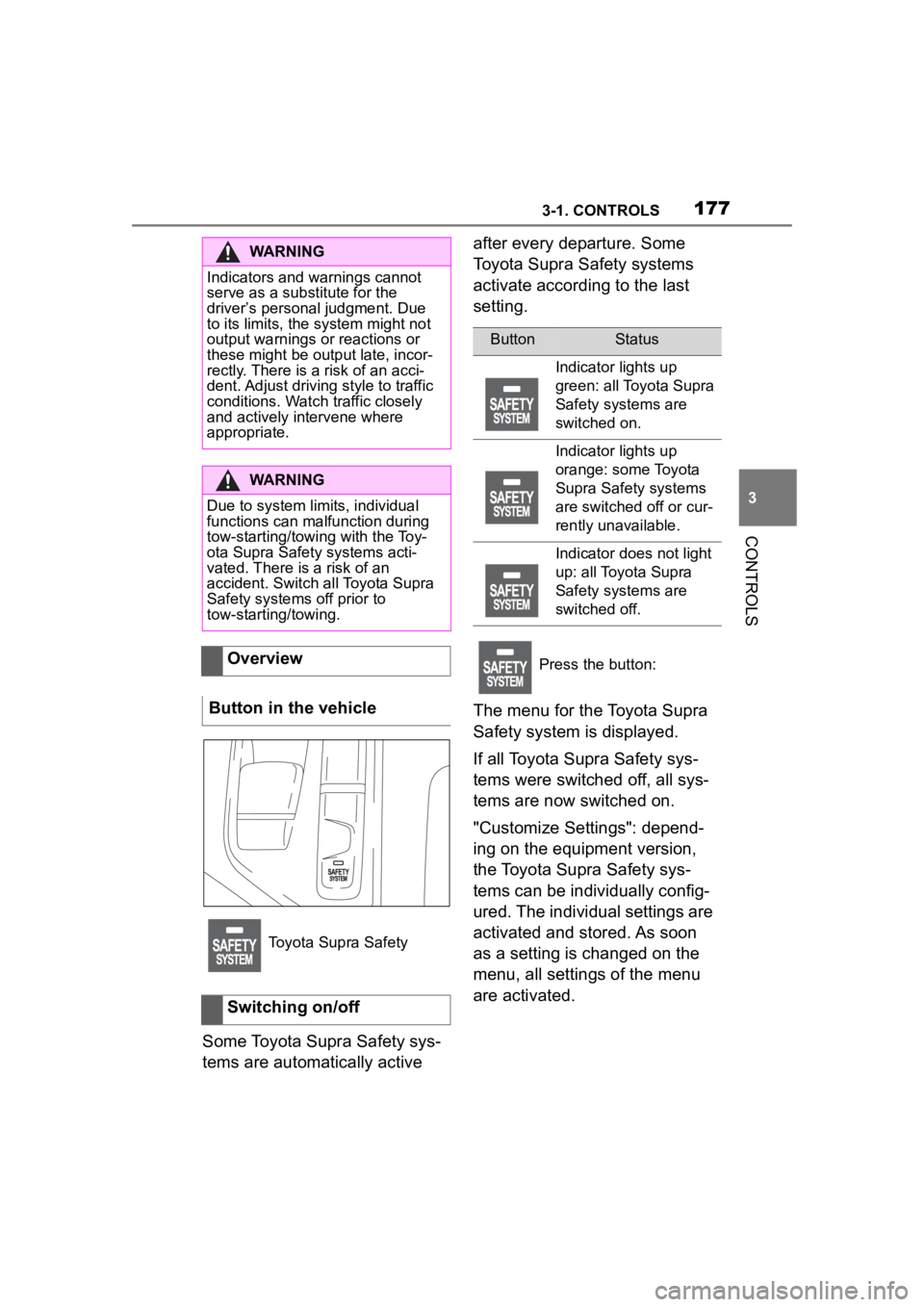 TOYOTA SUPRA 2023  Owners Manual 1773-1. CONTROLS
3
CONTROLS
Some Toyota Supra Safety sys-
tems are automatically active after every departure. Some 
Toyota Supra Safety systems 
activate according to the last 
setting.
The menu for 