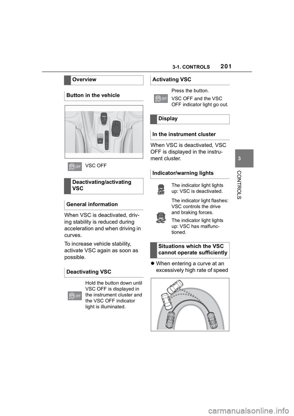 TOYOTA SUPRA 2023  Owners Manual 2013-1. CONTROLS
3
CONTROLS
When VSC is deactivated, driv-
ing stability is reduced during 
acceleration and when driving in 
curves.
To increase vehicle stability, 
activate VSC again as soon as 
pos