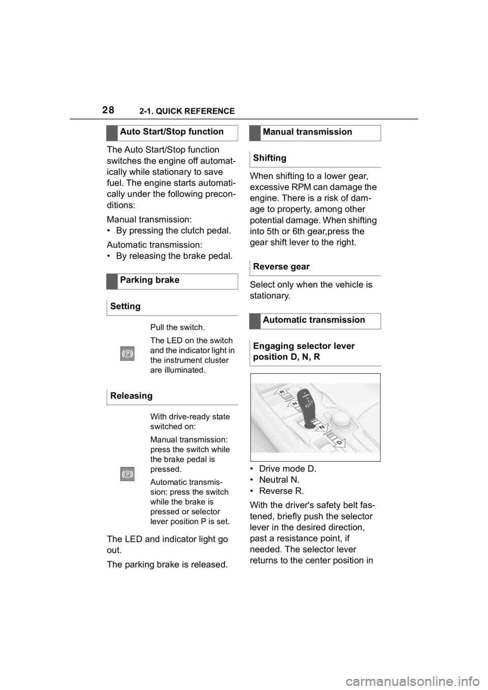 TOYOTA SUPRA 2023  Owners Manual 282-1. QUICK REFERENCE
The Auto Start/Stop function 
switches the engine off automat-
ically while stationary to save 
fuel. The engine starts automati-
cally under the following precon-
ditions:
Manu