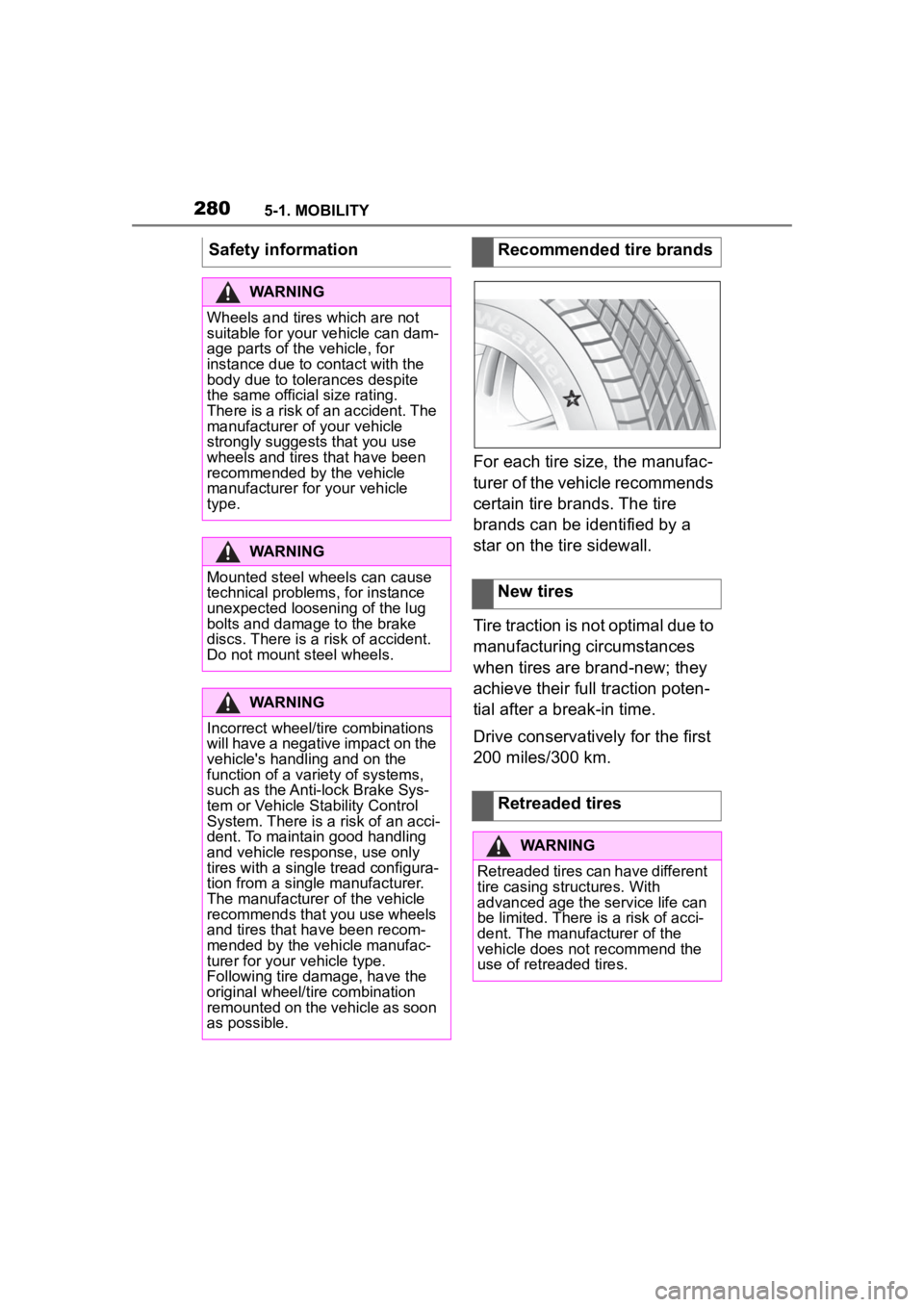 TOYOTA SUPRA 2023  Owners Manual 2805-1. MOBILITY
For each tire size, the manufac-
turer of the vehicle recommends 
certain tire brands. The tire 
brands can be identified by a 
star on the tire sidewall.
Tire traction is not optimal