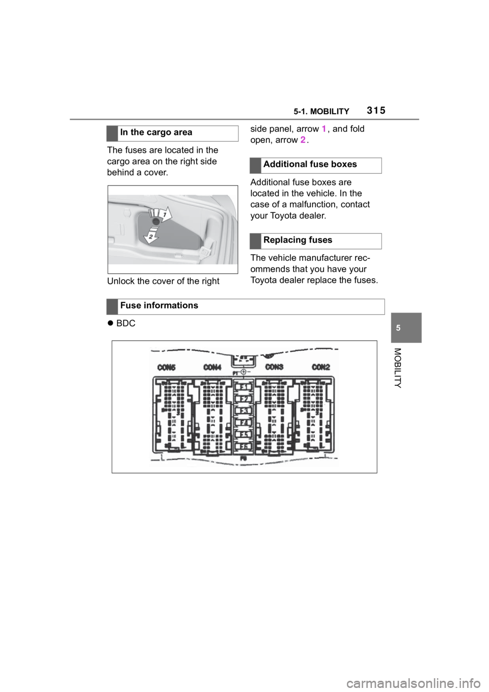 TOYOTA SUPRA 2023  Owners Manual 3155-1. MOBILITY
5
MOBILITY
The fuses are located in the 
cargo area on the right side 
behind a cover.
Unlock the cover of the right side panel, arrow 
1, and fold 
open, arrow  2.
Additional fuse bo