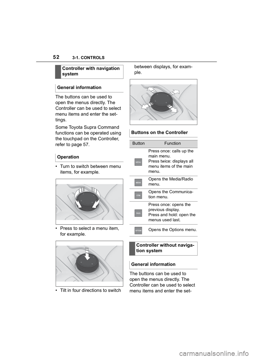 TOYOTA SUPRA 2023  Owners Manual 523-1. CONTROLS
The buttons can be used to 
open the menus directly. The 
Controller can be used to select 
menu items and enter the set-
tings.
Some Toyota Supra Command 
functions can be operated us