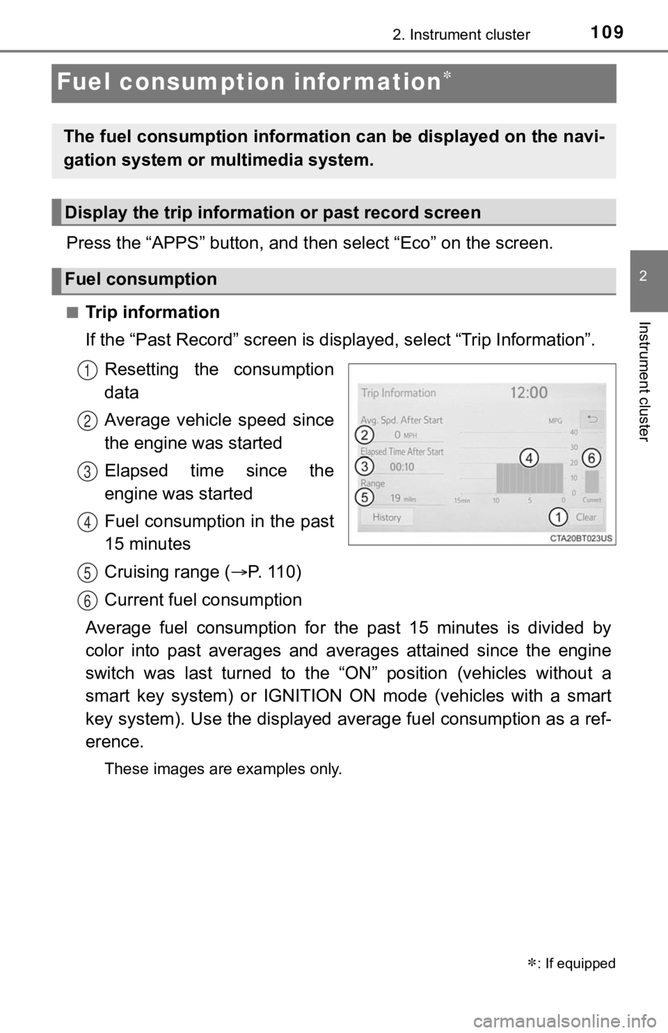TOYOTA TUNDRA 2023  Owners Manual 1092. Instrument cluster
2
Instrument cluster
Fuel consumption information
Press the “APPS” button, and then select “Eco” on the screen.
■Trip information
If the “Past Record” screen 