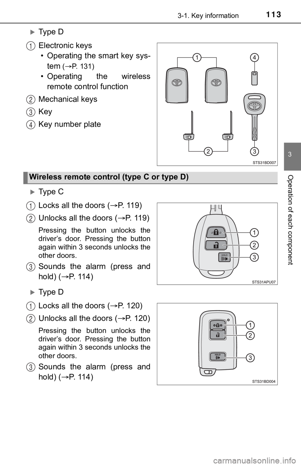 TOYOTA TUNDRA 2023  Owners Manual 1133-1. Key information
3
Operation of each component
Ty p e   D
Electronic keys
• Operating the smart key sys- tem
 (P. 131)
• Operating  the  wireless
remote control function
Mechanical ke