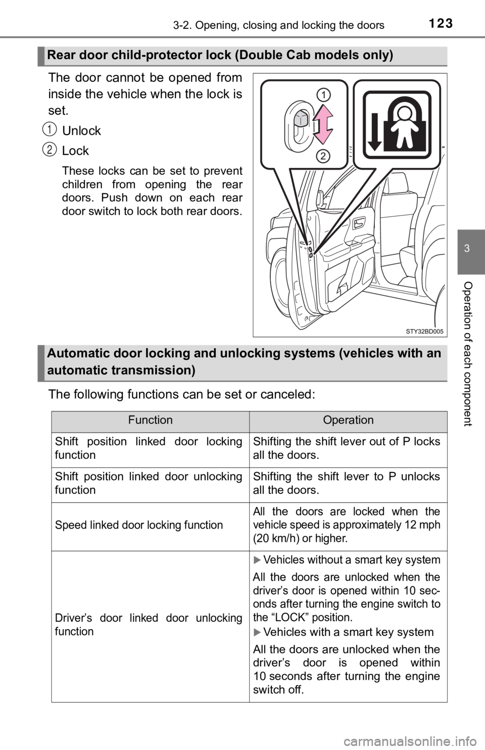 TOYOTA TUNDRA 2023  Owners Manual 1233-2. Opening, closing and locking the doors
3
Operation of each component
The  door  cannot  be  opened  from
inside the vehicle when the lock is
set.
Unlock
Lock
These  locks  can  be  set  to  pr