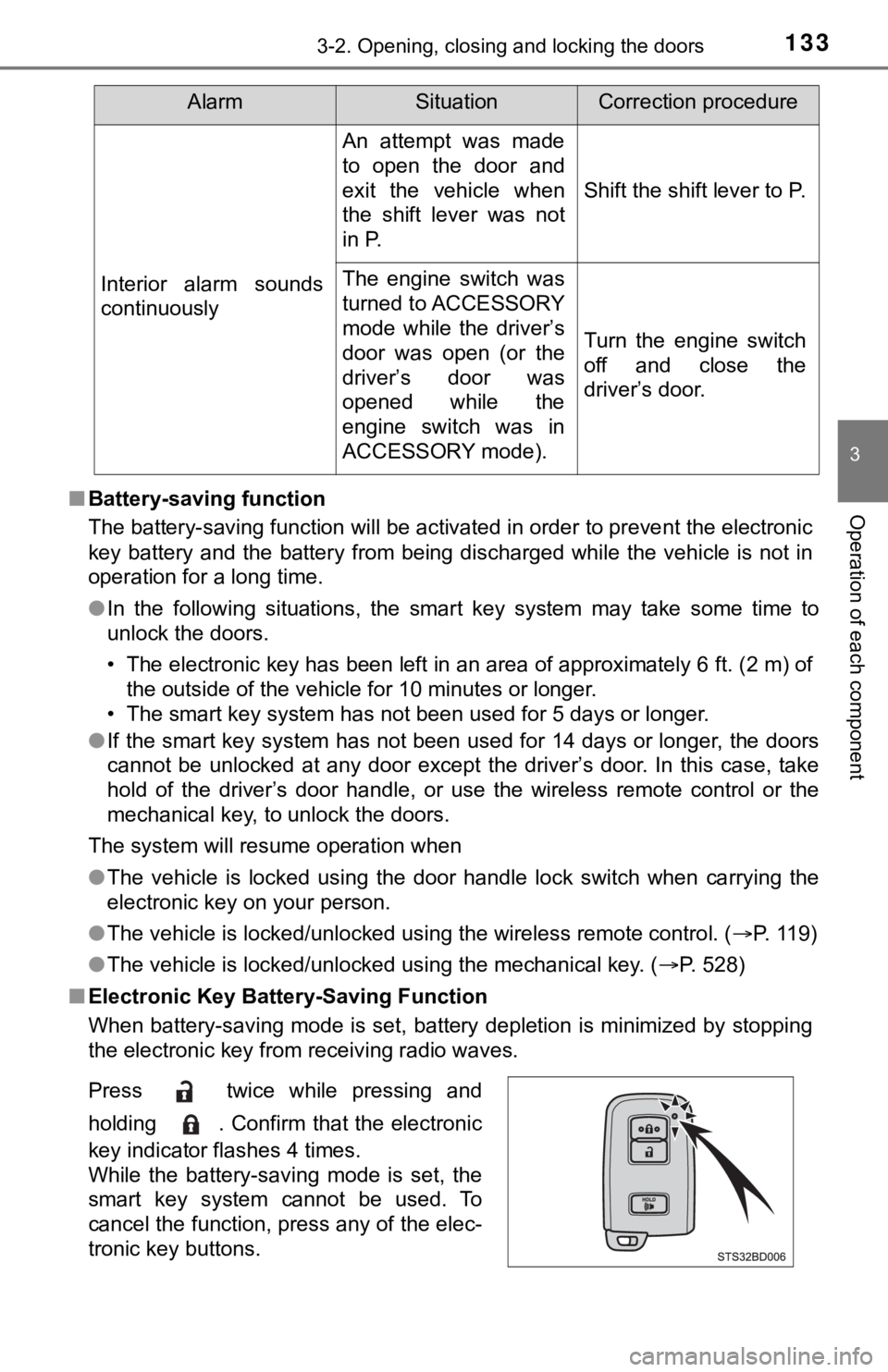 TOYOTA TUNDRA 2023  Owners Manual 1333-2. Opening, closing and locking the doors
3
Operation of each component■Battery-saving function
The battery-saving function will be activated in order to preve nt the electronic
key  battery  a