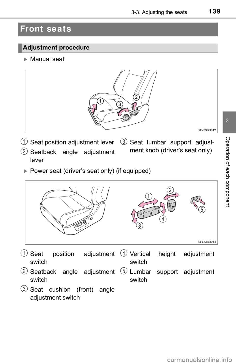 TOYOTA TUNDRA 2023  Owners Manual 1393-3. Adjusting the seats
3
Operation of each component
Front seats
Manual seat
Power seat (driver’s seat only) (if equipped)
Adjustment procedure
Seat position adjustment lever
Seatback  an