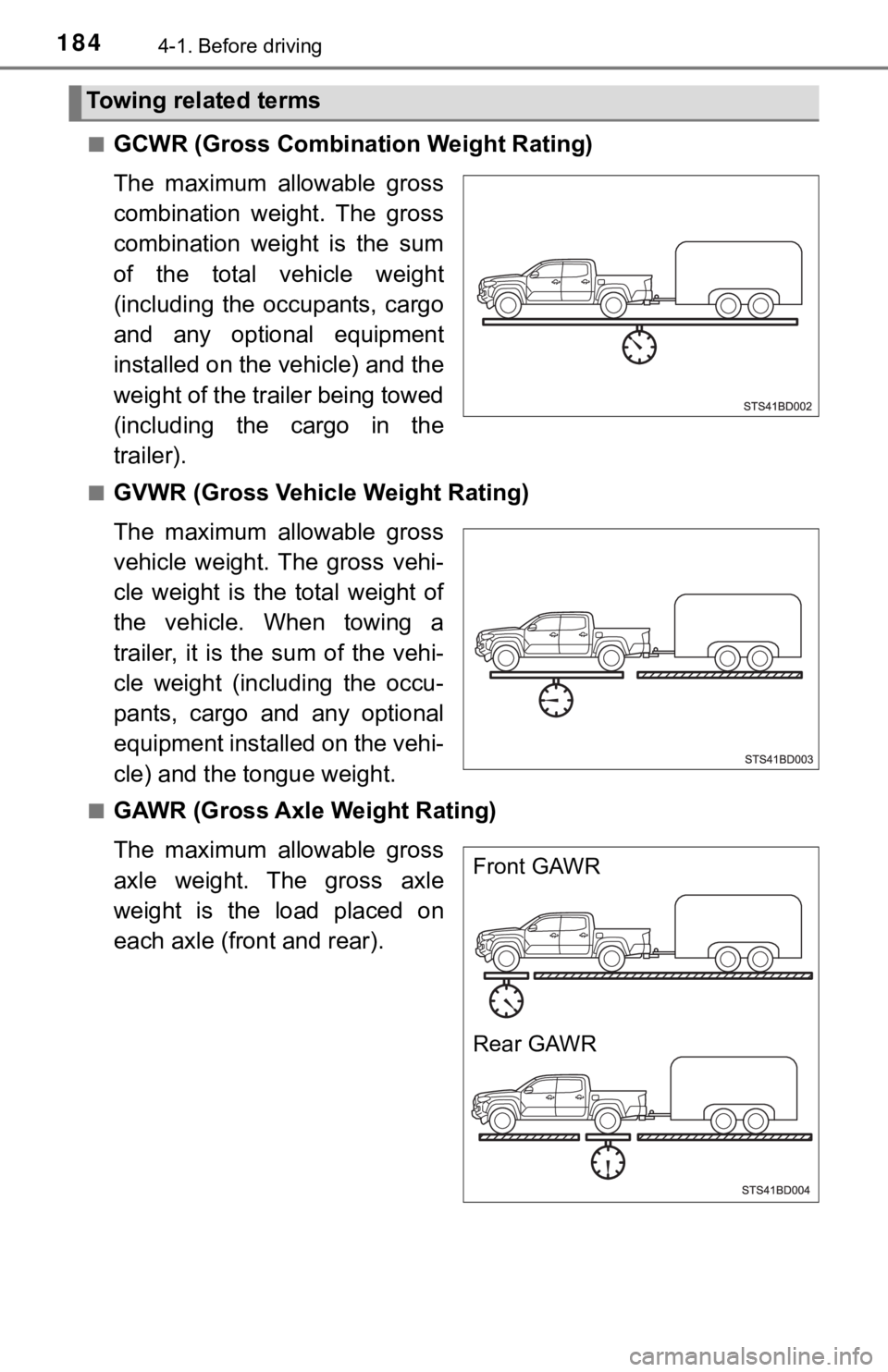 TOYOTA TUNDRA 2023  Owners Manual 1844-1. Before driving
■GCWR (Gross Combination Weight Rating)
The  maximum  allowable  gross
combination  weight.  The  gross
combination  weight  is  the  sum
of  the  total  vehicle  weight
(incl