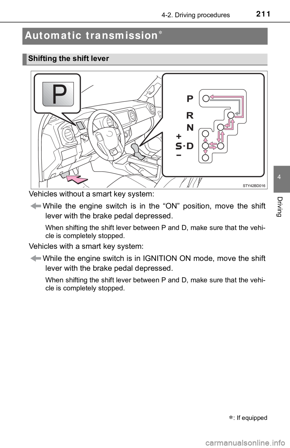 TOYOTA TUNDRA 2023  Owners Manual 2114-2. Driving procedures
4
Driving
Automatic transmission
Vehicles without a smart key system:While  the  engine  switch  is  in  the  “ON”  position,  move  the  shiftlever with the brake pe