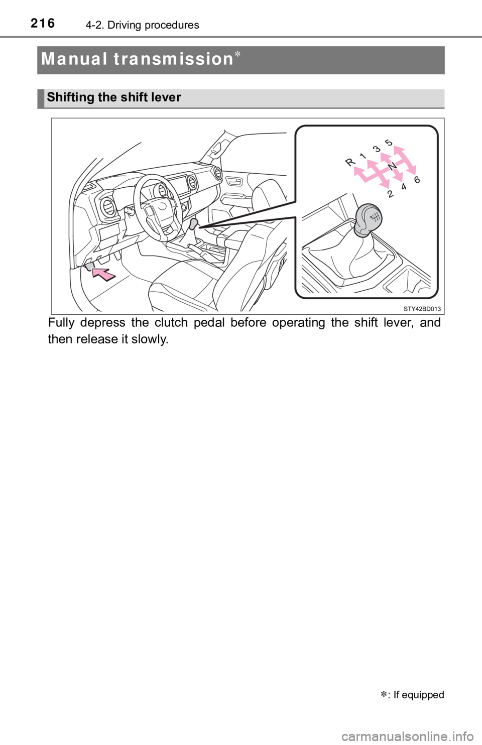 TOYOTA TUNDRA 2023  Owners Manual 2164-2. Driving procedures
Manual transmission
Fully  depress  the  clutch  pedal  before  operating  the  shift  lever,  and
then release it slowly.
: If equipped
Shifting the shift lever 