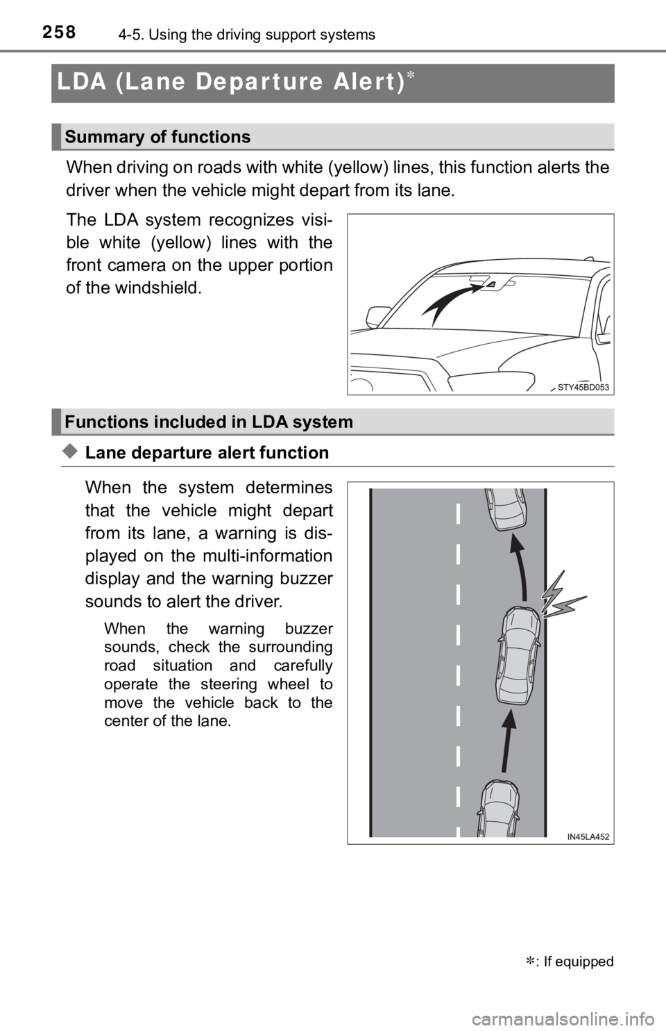 TOYOTA TUNDRA 2023  Owners Manual 2584-5. Using the driving support systems
LDA (Lane Depar ture Alert)
When driving on roads with white  (yellow) lines, this function alerts the
driver when the vehicle mi ght depart from its lane.