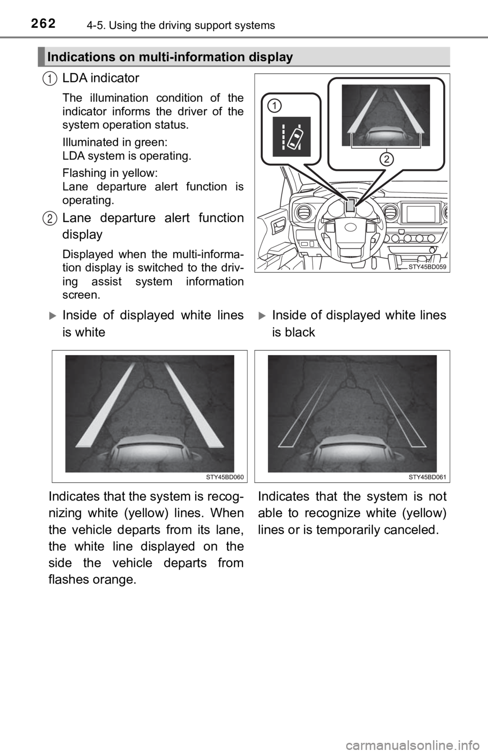 TOYOTA TUNDRA 2023  Owners Manual 2624-5. Using the driving support systems
LDA indicator
The  illumination  condition  of  the
indicator  informs  the  driver  of  the
system operation status.
Illuminated in green:
LDA system is oper