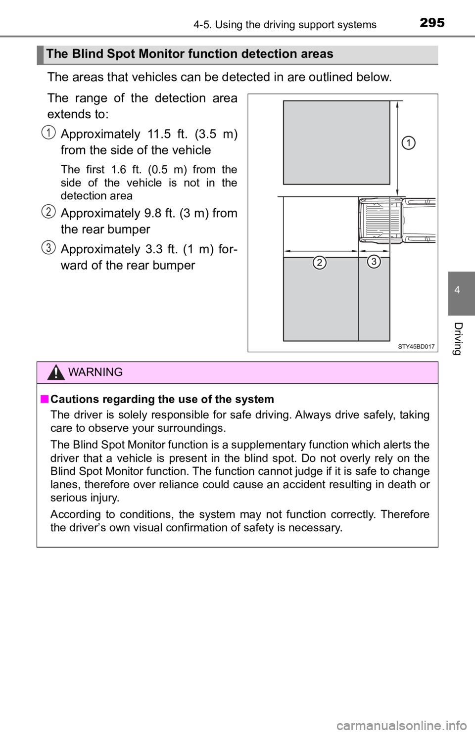 TOYOTA TUNDRA 2023  Owners Manual 2954-5. Using the driving support systems
4
Driving
The areas that vehicles can be detected in are outlined below.
The  range  of  the  detection  area
extends to:Approximately  11.5  ft.  (3.5  m)
fr