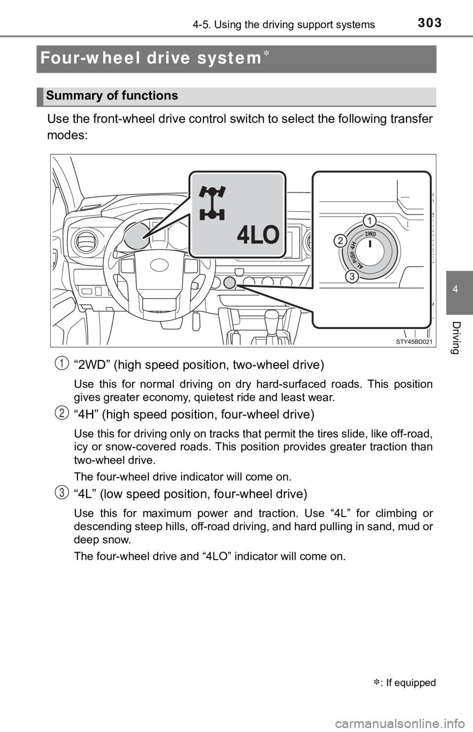 TOYOTA TUNDRA 2023  Owners Manual 3034-5. Using the driving support systems
4
Driving
Four-wheel drive system
Use the front-wheel drive control switch to select the following transfer
modes:“2WD” (high speed position, two-wheel