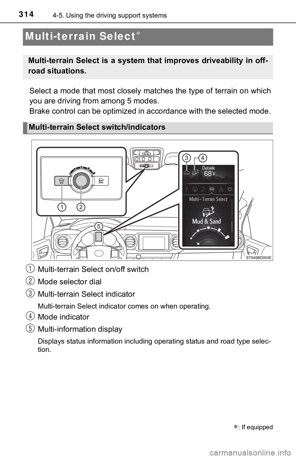 TOYOTA TUNDRA 2023  Owners Manual 3144-5. Using the driving support systems
Multi-terrain Select
Select a mode that most closely matches the type of terrain on  which
you are driving from among 5 modes. 
Brake control can be optimi