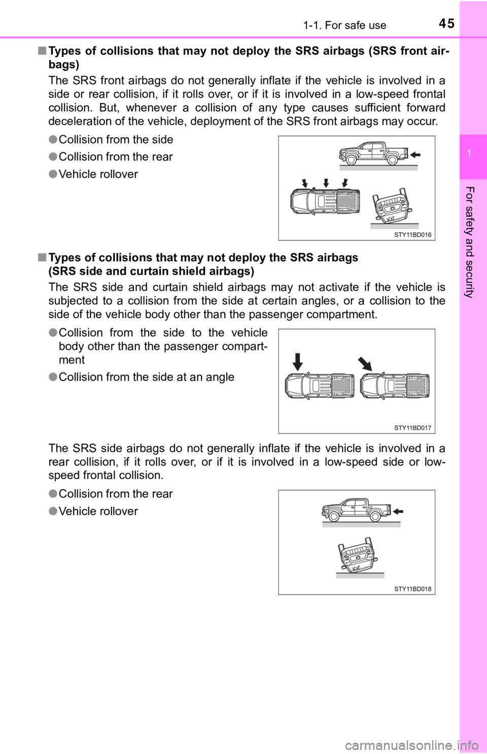 TOYOTA TUNDRA 2023 Owners Manual 451-1. For safe use
1
For safety and security
■Types of collisions that may not deploy the SRS airbags (SRS fr ont air-
bags)
The SRS front airbags do not generally inflate if t TOYOTA TUNDRA 2023 Owners Manual 451-1. For safe use
1
For safety and security
■Types of collisions that may not deploy the SRS airbags (SRS fr ont air-
bags)
The SRS front airbags do not generally inflate if t